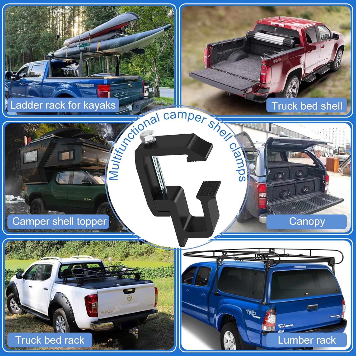 moveland 8 PCS Camper Shell Clamps - Heavy Duty Truck Topper Clamps - No Drilling Required Truck Cap Clamps for Chevy Silverado Sierra/Dodge Dakota Ram 1500 2500 3500, F150 F250, Titan, Tundra