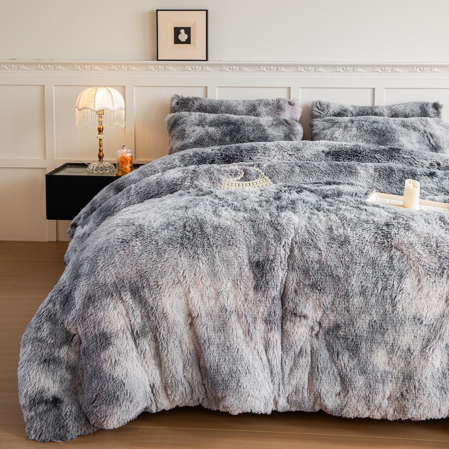 chovy Faux Fur Tie-Dyed Black White Gray Colorful Comforter Sets Queen - 3PC Bed Set Ultra Soft Plush Flannel Velvet Fluffy Fuzzy Bedding(Comforter x 1 Pillowcases x 2) - Image 2