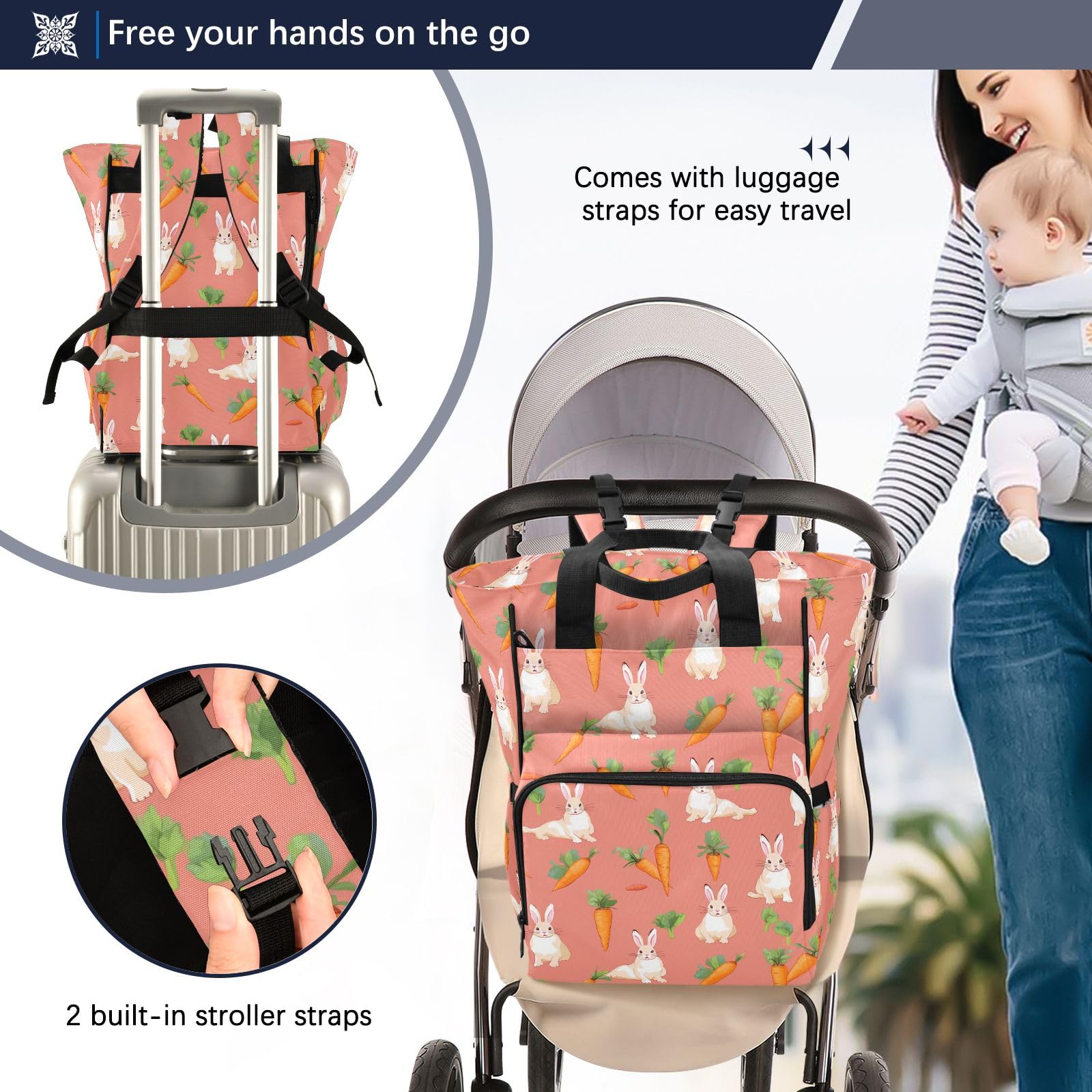 Mnsruu Borsa per pannolini per bambini, con coniglio, borsa grande, impermeabile, da viaggio, per mamme e papà