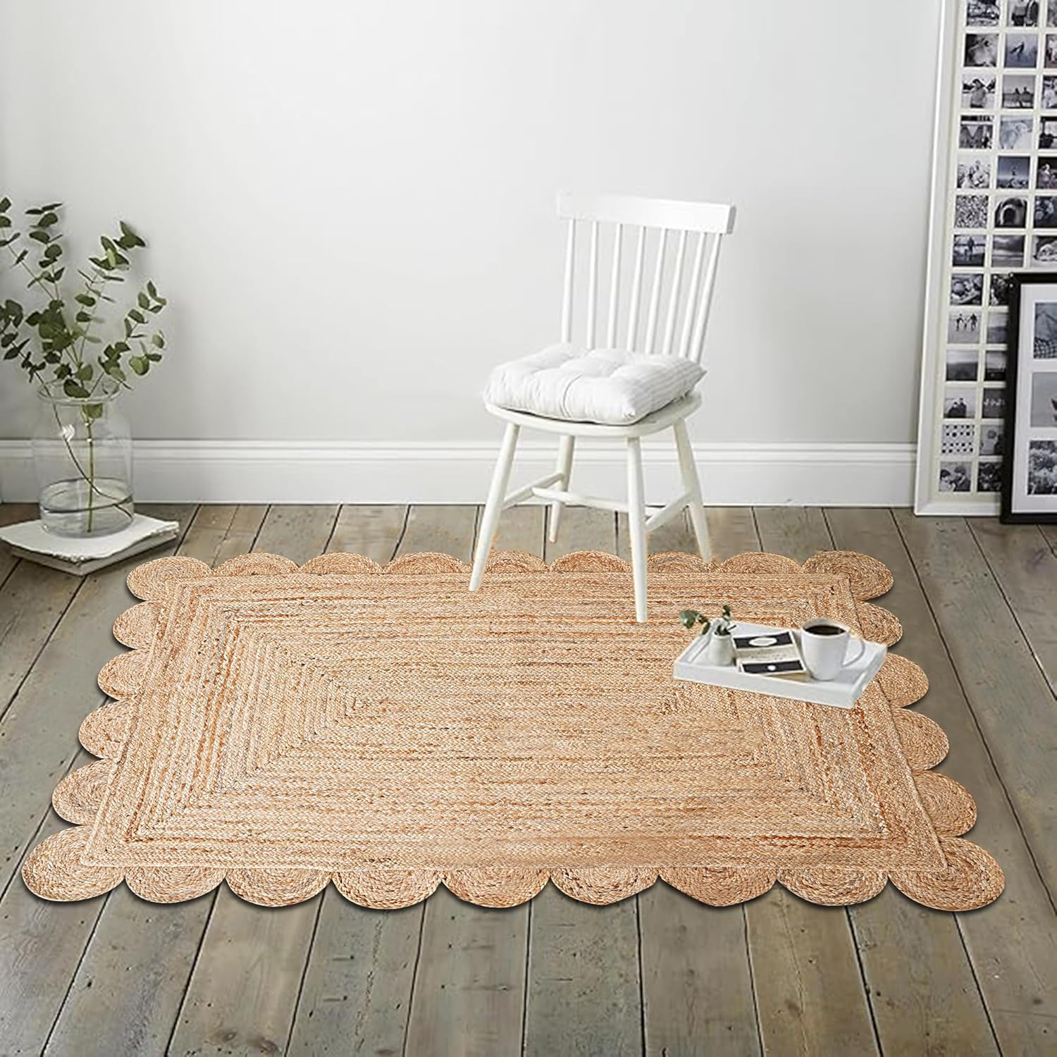 Mrida Weave Handwoven Scalloped Jute Area Rug – Natural Floor Carpet Mat for Living Room, Bedroom, Dining & Entryway Home Décor- 6x7 Feet (183 cmx213 cm) - Natural