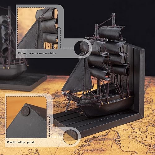 Miniatura 3 de Sujetalibros de barco de madera The Black Pearl Pirate de 10 pulgadas preconstruido Caribbean Coastal Sailboat Decoración Regalo náutico para