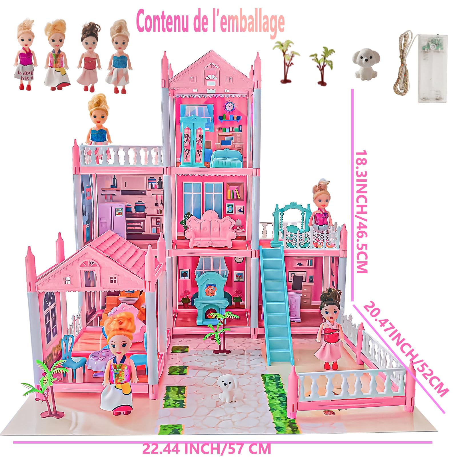 Maison de Poupée de pour Filles avec Lumières, 4 Poupées, Tapis de Jeu et Accessoires de Mobilier – Grande Maison de Poupée à Plusieurs Étages, Jeu d’Imitation, Cadeau pour Enfants dès 3 Ans
