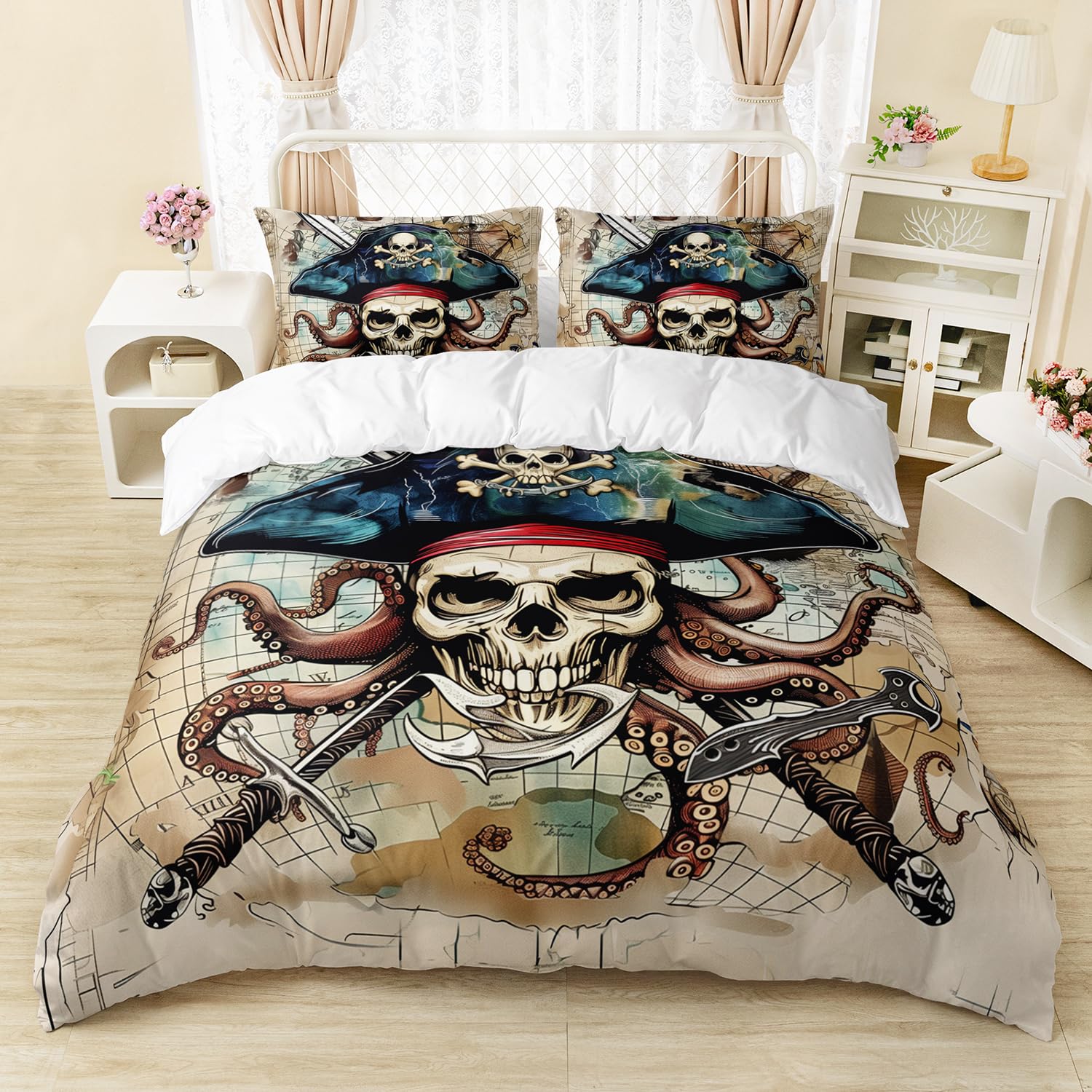 AILONEN 3D Pirate Captain Skull Duvet Cover Set King Size, Skeleton Bones with Octopus Bedding Set for Kids,Boys,Girls,Nautical Map Theme Comforter Cover,3-Pieces,1 Quilt Cover and 2 Pillowcases