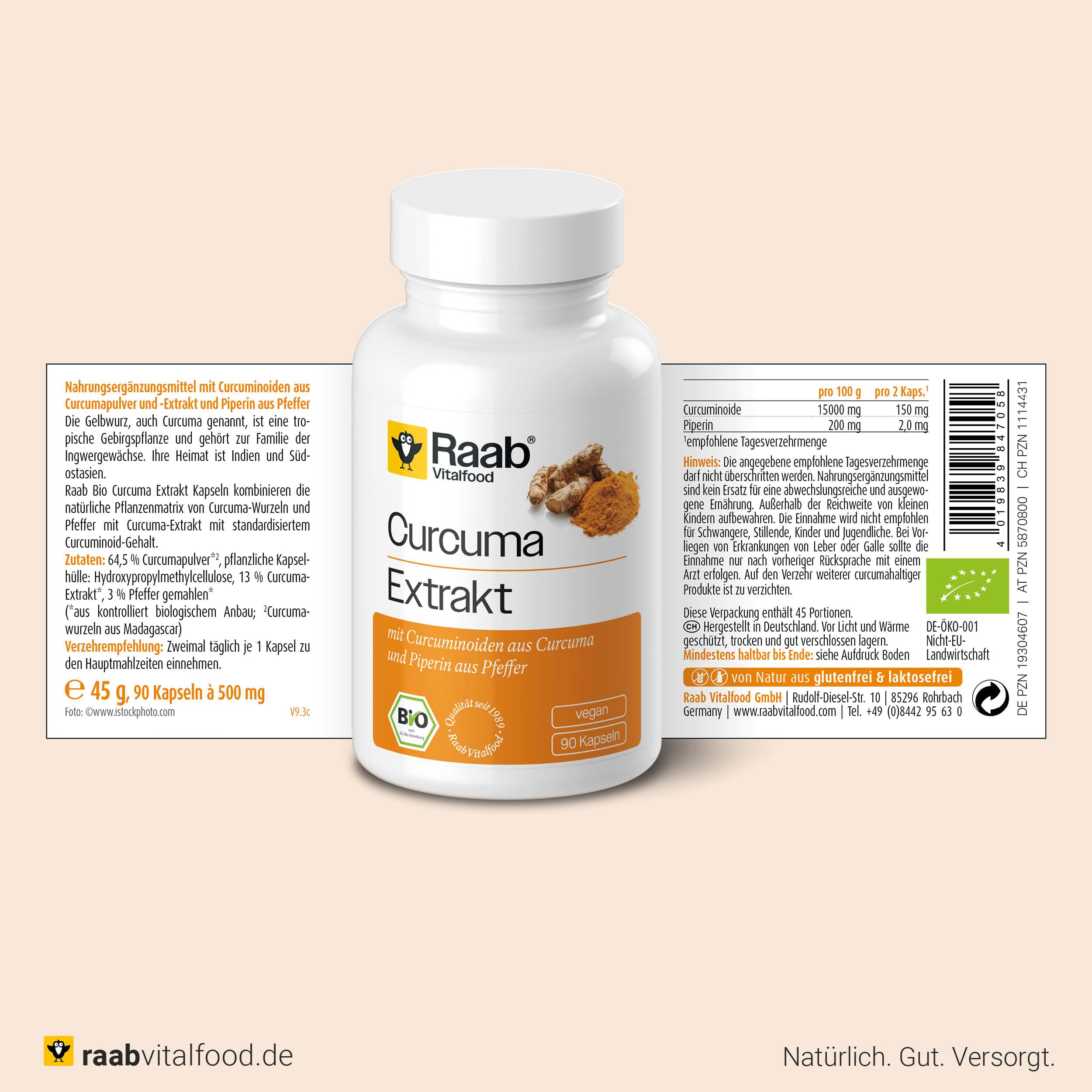 Raab Vitalfood® Bio Curcuma Extrakt Kapseln (90 Stück) - enthält Bio Curcuma Extrakt, Piperin und Curcuma Pulver, standardisierter Curcuminoidgehalt (150 mg pro 2 Kapseln), vegan, glutenfrei