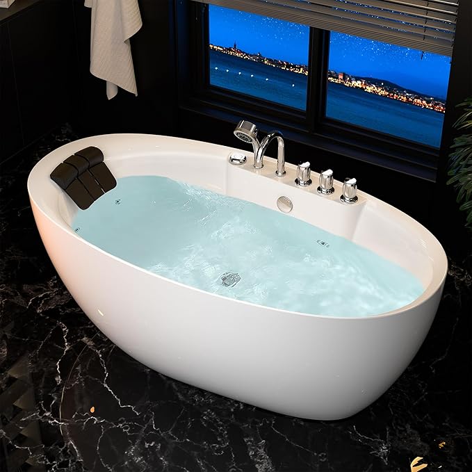 Empava 67 Inch Freestanding Whirlpool Tub - Stand Alone Jetted Bathtub with Large Recline Angle, Boat Shape, Hydromassage, Acrylic,ETL Certified