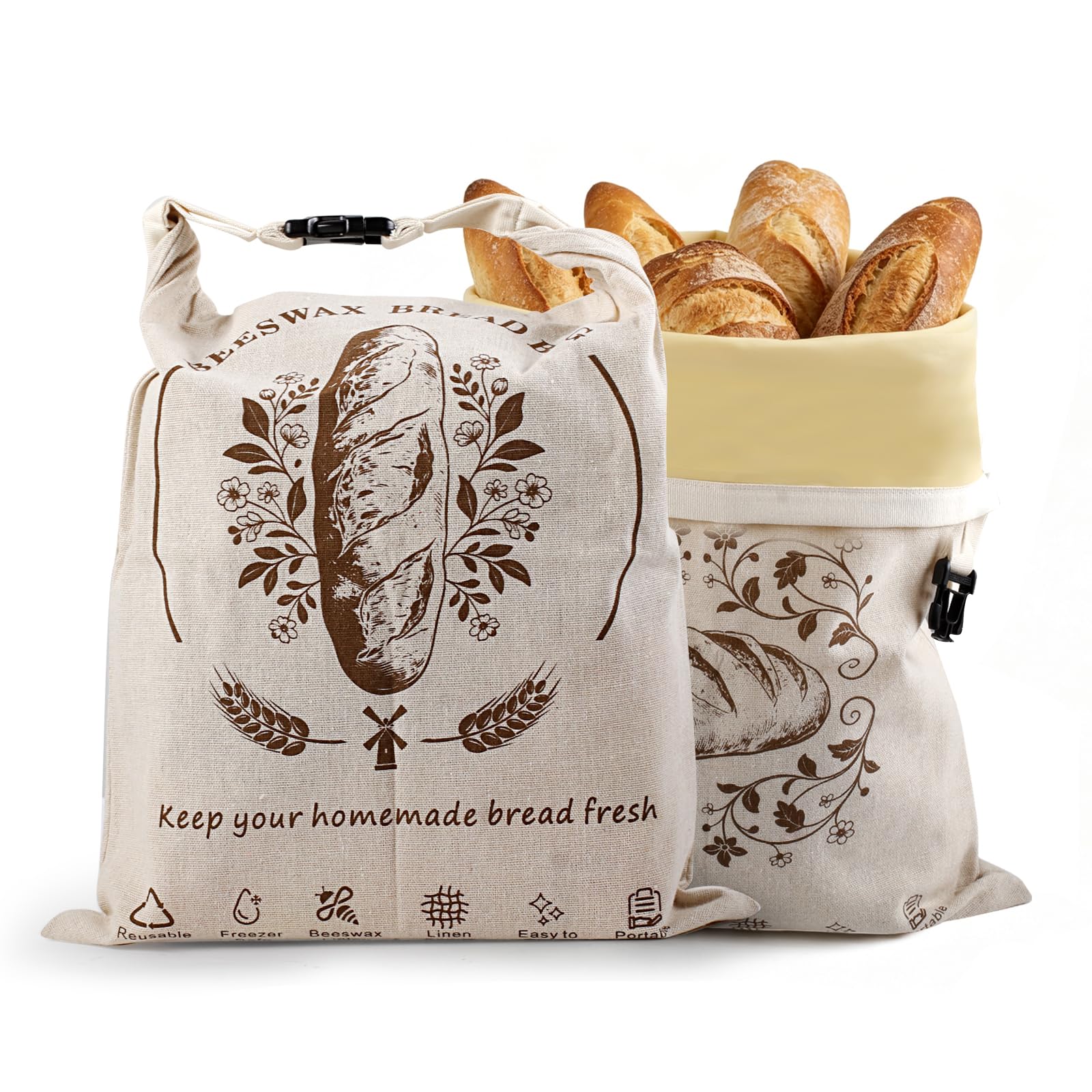 Paquete de 2 bolsas de pan reutilizables, bolsa de pan de lino natural para pan casero, bolsas de almacenamiento de masa madre con cordón con forro, bolsa de regalo para pan y alimentos