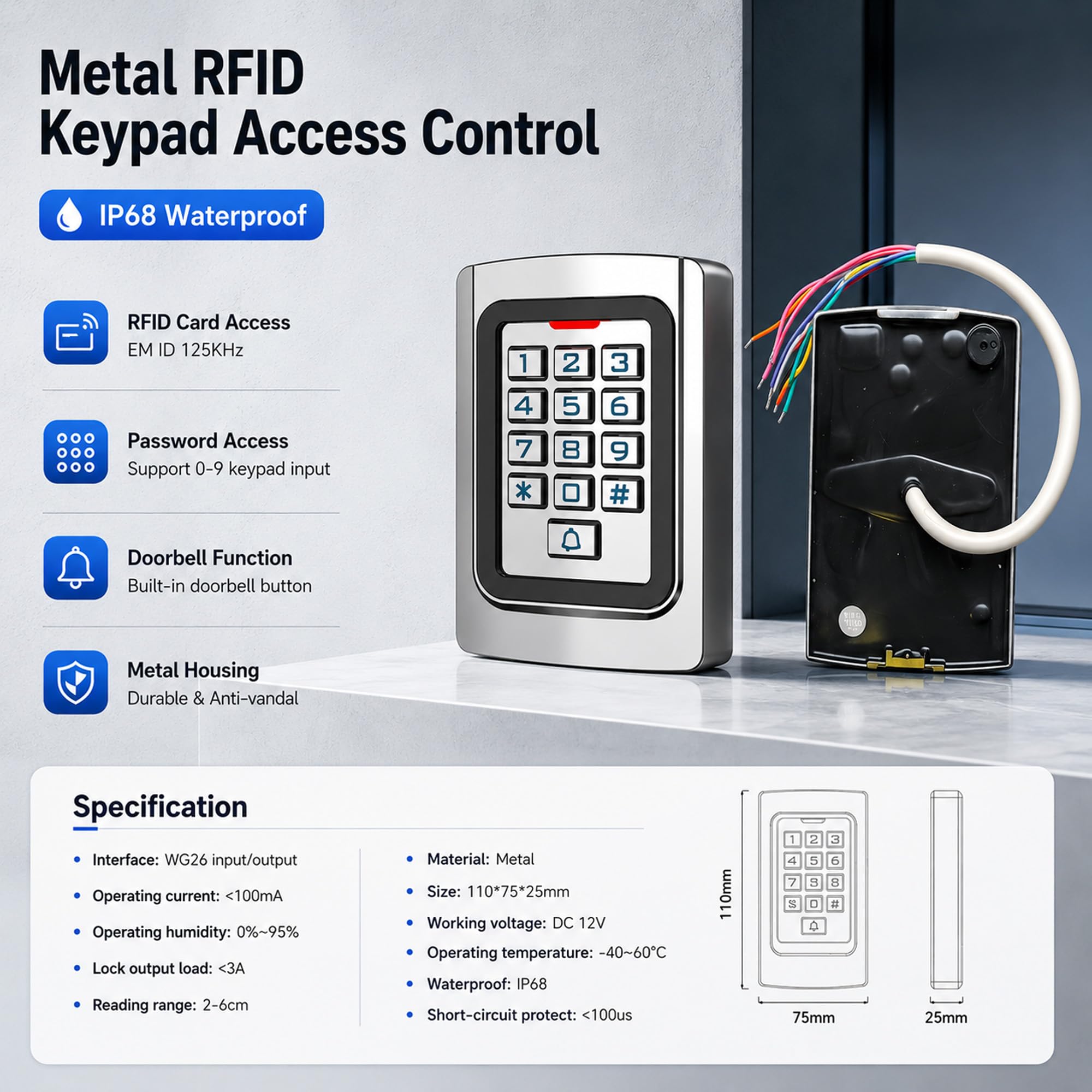 YAVIS Control de Acceso WiFi Tuya para Puerta y Portón, Teclado con Código RFID 125kHz + 10 Llaveros ID, Carcasa Metálica IP68, WG26, App + Pin + RFID, Gestión Remota, Oficina Tienda (K10)