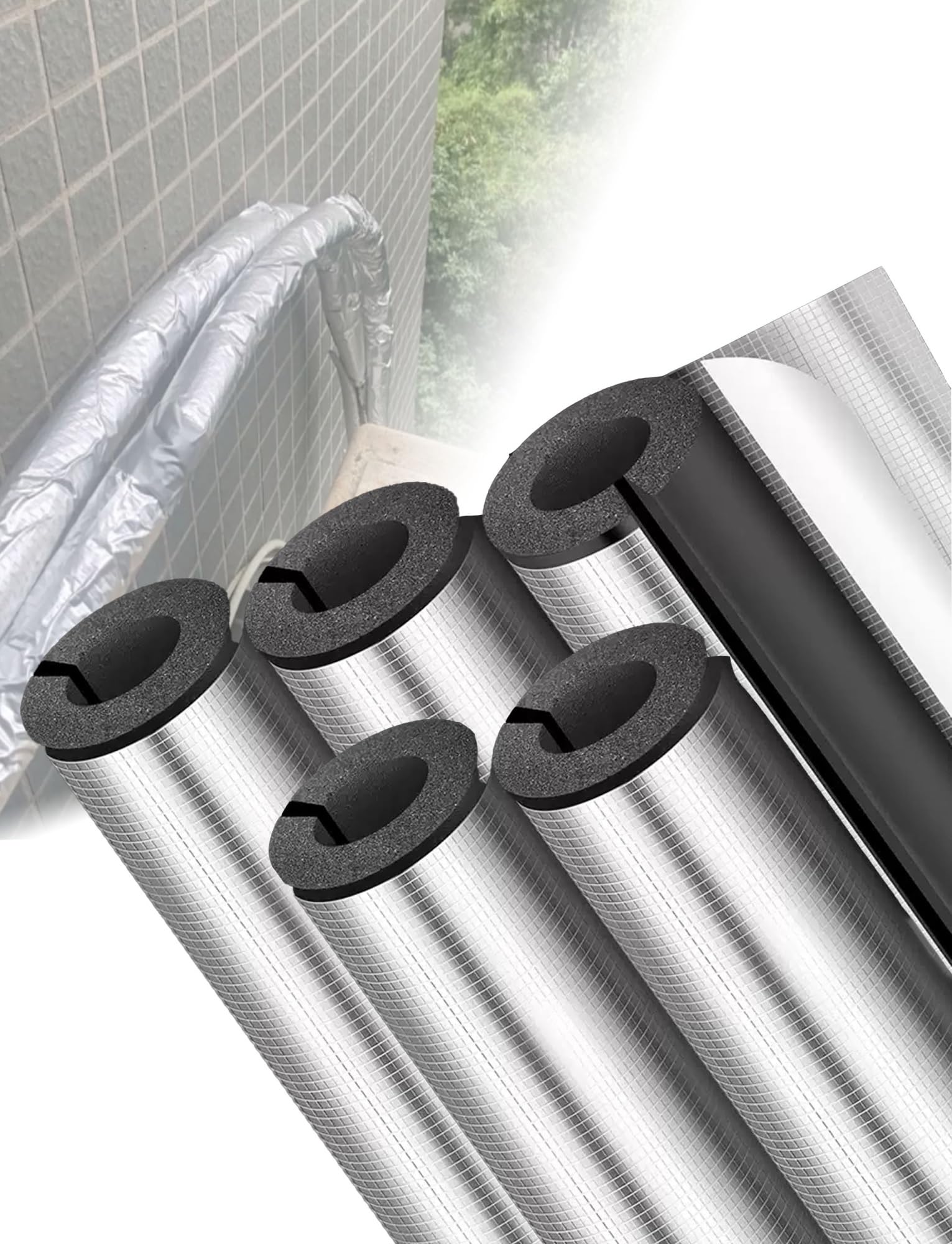 5 unidades de cubierta de aluminio for tuberías,revestimiento autoadhesivo termoaislante de 3cm de espesor(L39 pulgadas), for protección contra congelamiento(Id-32.5cm)