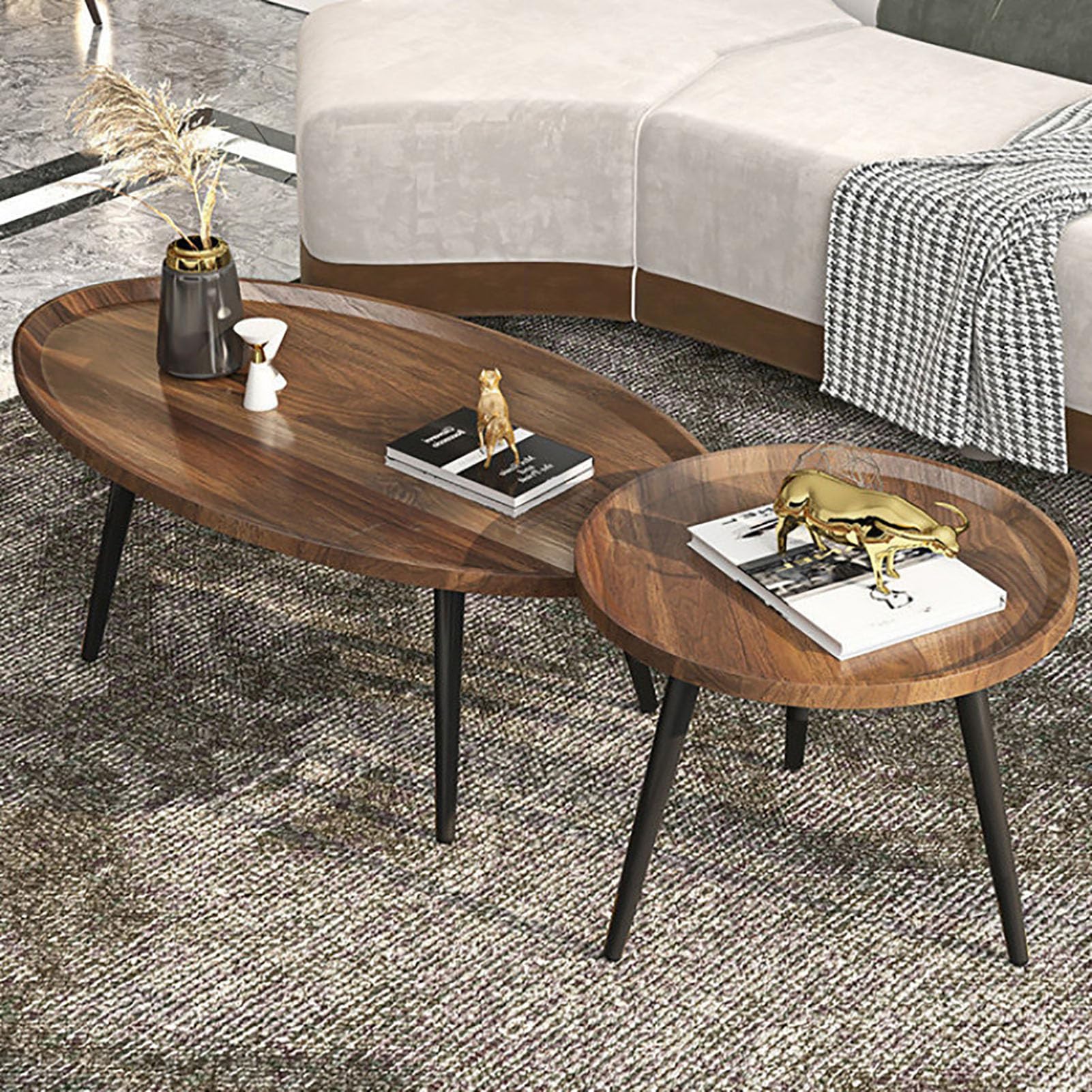 SXZenSpace Oval Wood Coffee Table Set of 2,31.5" Mid Century Modern Nesting Center for Living Room with Open Design Legs,C,80cm(31.5")+50cm(19.7")