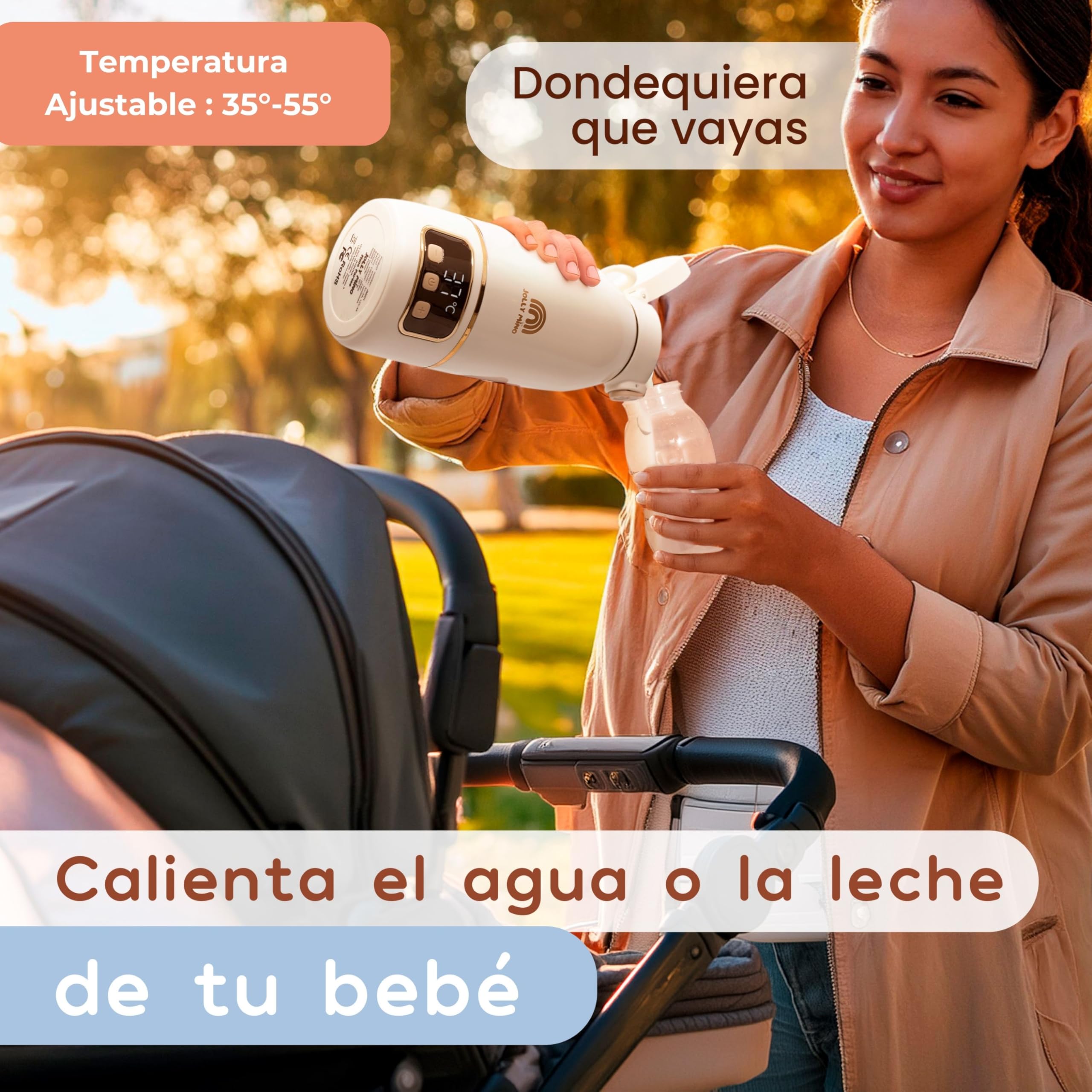 Calentador de Biberones Portátil Sin Cable 500ml, Acero Inox, Calienta Agua y Leche Materna, Auto-Pasteurización, Viaje Coche Noche, Cepillo de Silicona Incluido