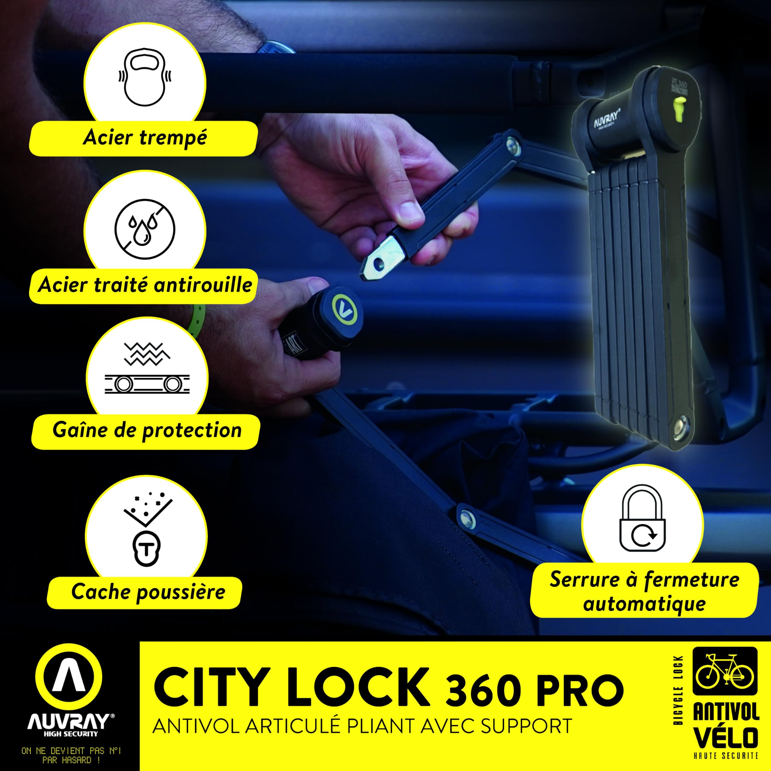 AUVRAY - Antivol vélo articulé City Lock 360 Pro - Certifié ART 4321 - Niveau de sécurité 8/10 - Recommandé par les Assureurs - Longueur 1200mm - Acier trempé - Tête rotative 360° - Haute sécurité