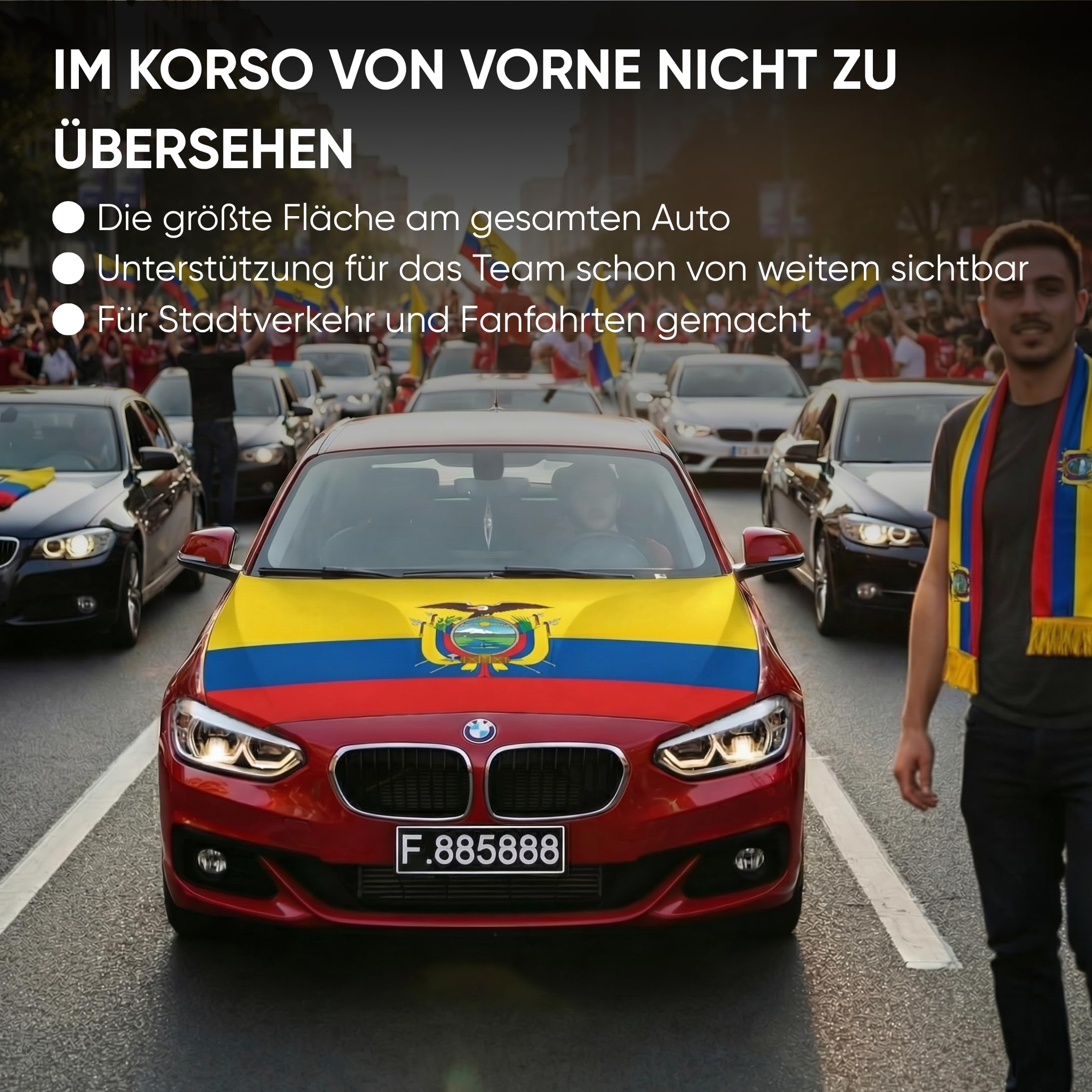 Auto Fahnen Ecuador Komplett Set - Motorhaubenfahne, 2 Autofahnen Fenster & 2 Außenspiegelfahnen, Fußball Fanartikel FZG für EM & WM, Ecuadorianische Flagge Fahrzeug Deko