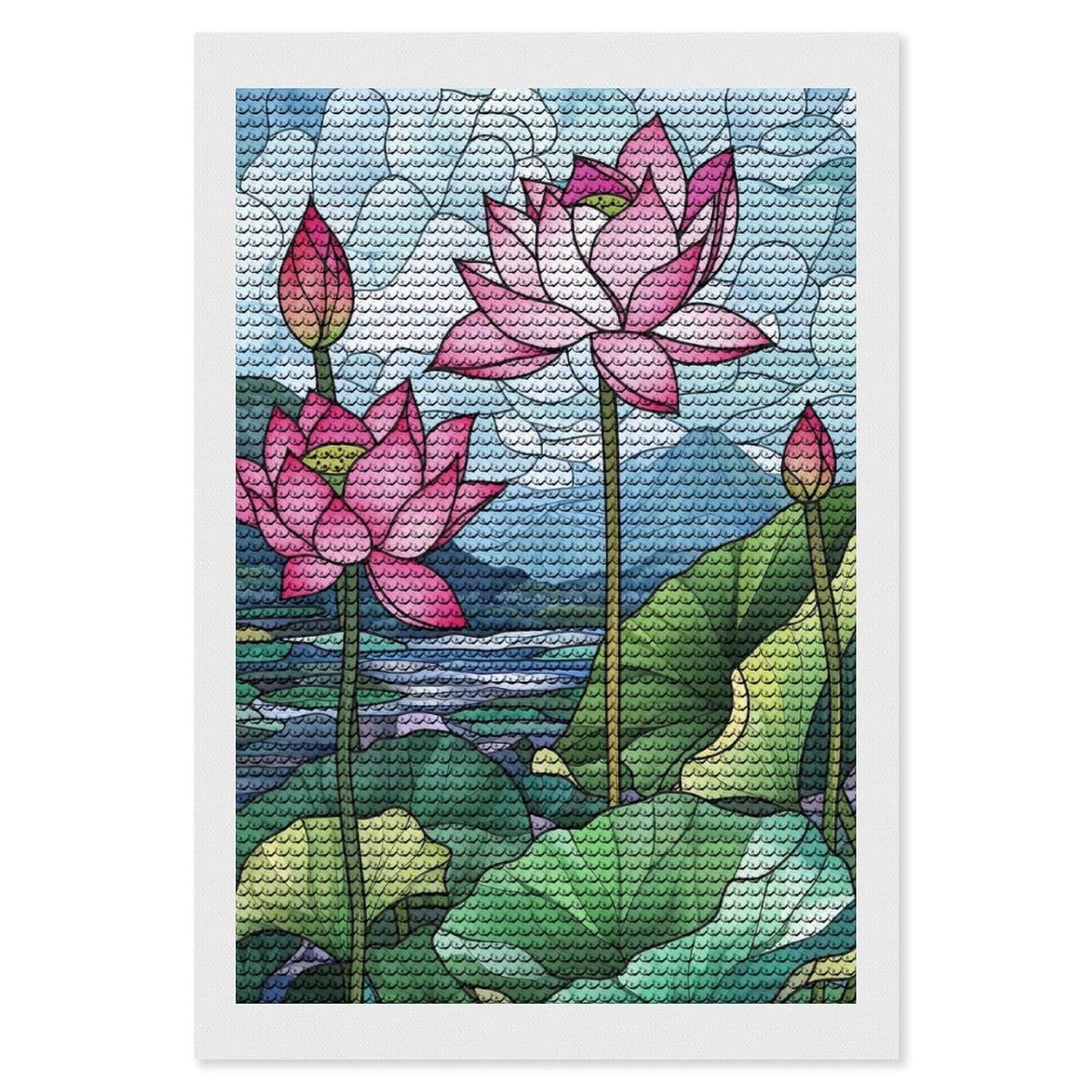 Junmoney Lotus Flowers in Stained Glass Diamond Art Kit 8"x12", Vintage Style Decor, Stress Relief Craft, Decor Project, Relaxing DIY, Creative Hobby