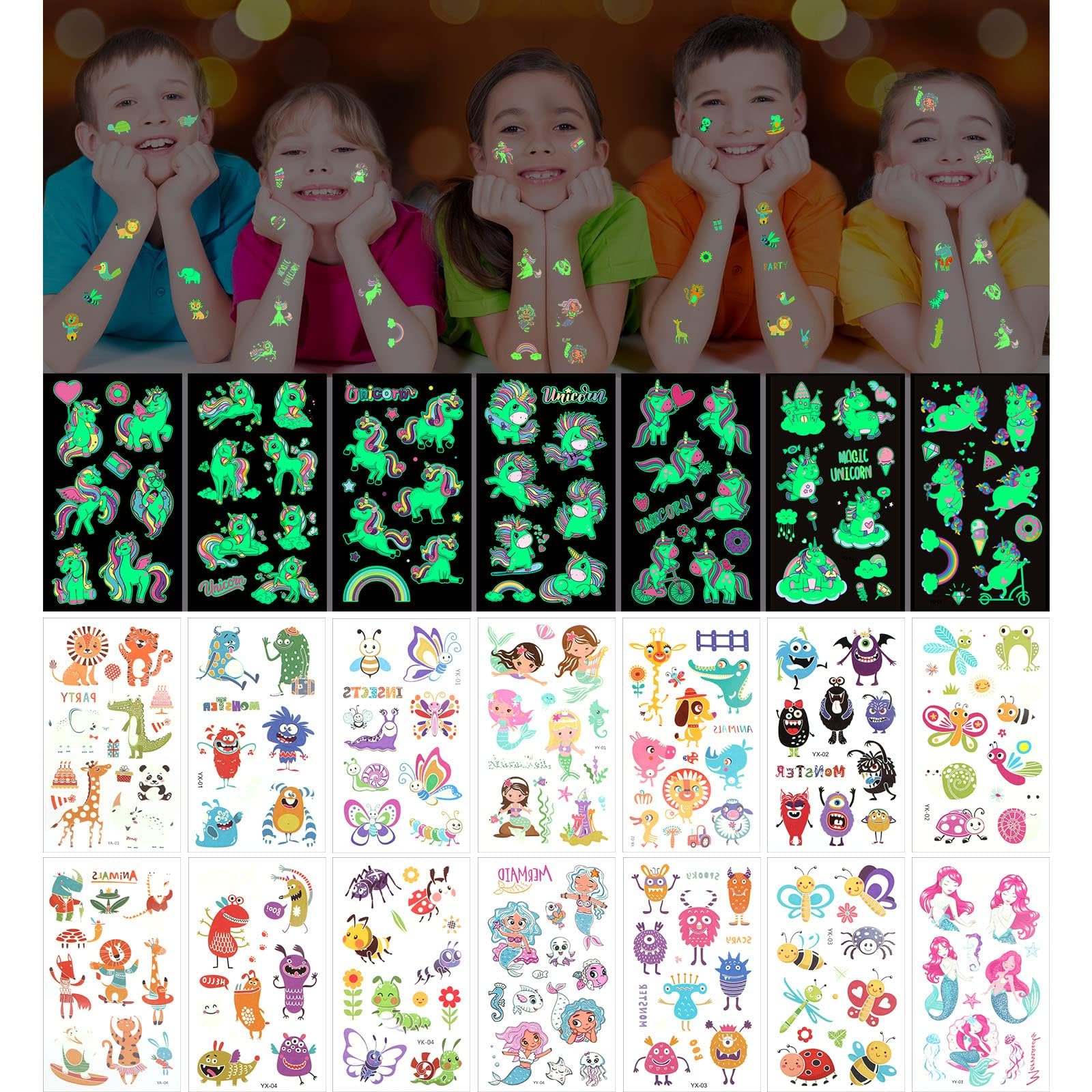 ACWOO Tatuaggi Temporanei per Bambini 30 Fogli, 6 Stili Luminosi Tatuaggi Temporanei Stickers, per Bambini Adulti Regalini Fine Festa Compleann