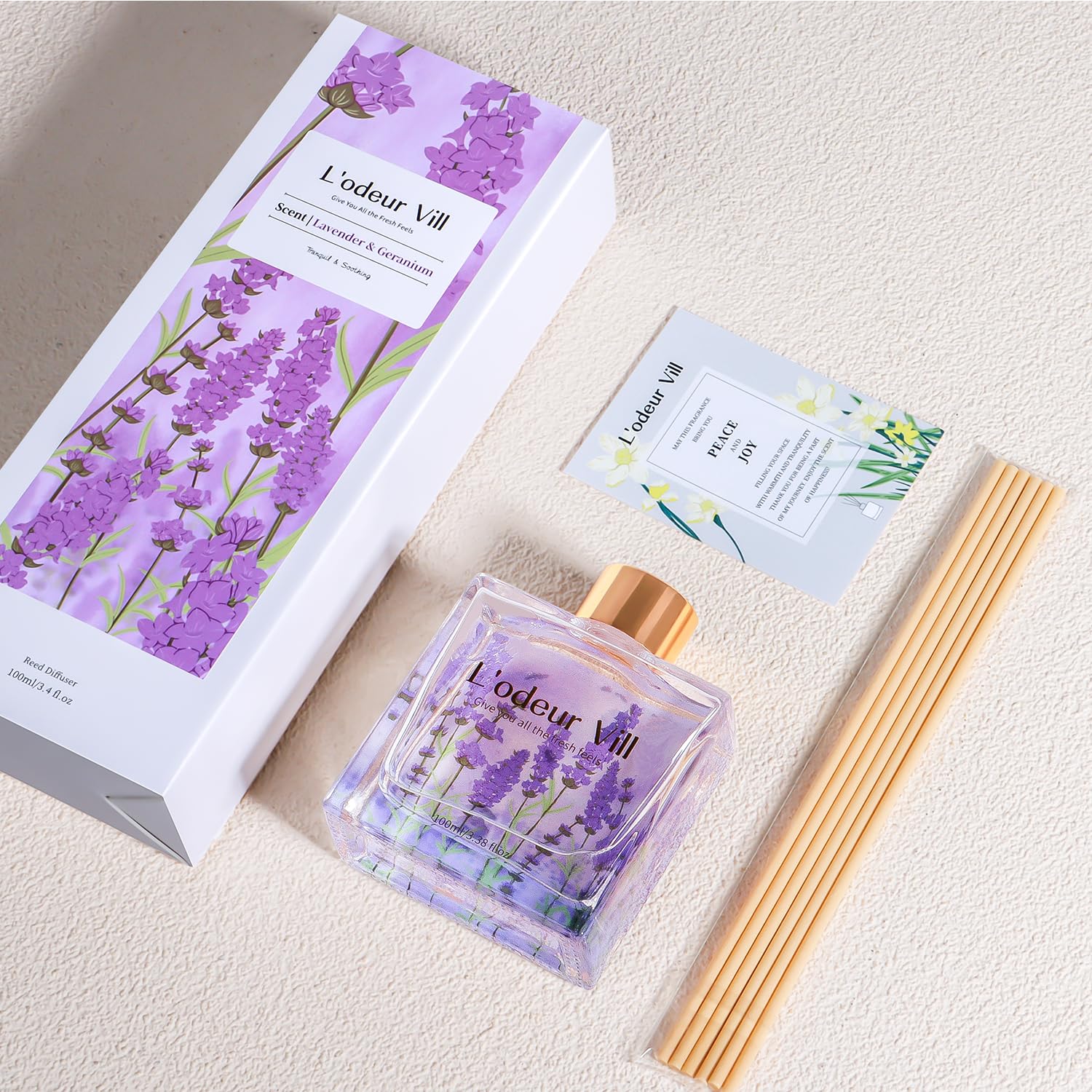 L'odeur Vill Profumatore per Ambienti,Lavanda Geranio Profumatore per Ambienti con 6 Bastoncini di Fragranza, Diffusore di Fragranze per Bagno, Appartamento, Decorazione Della Casa, 100ml