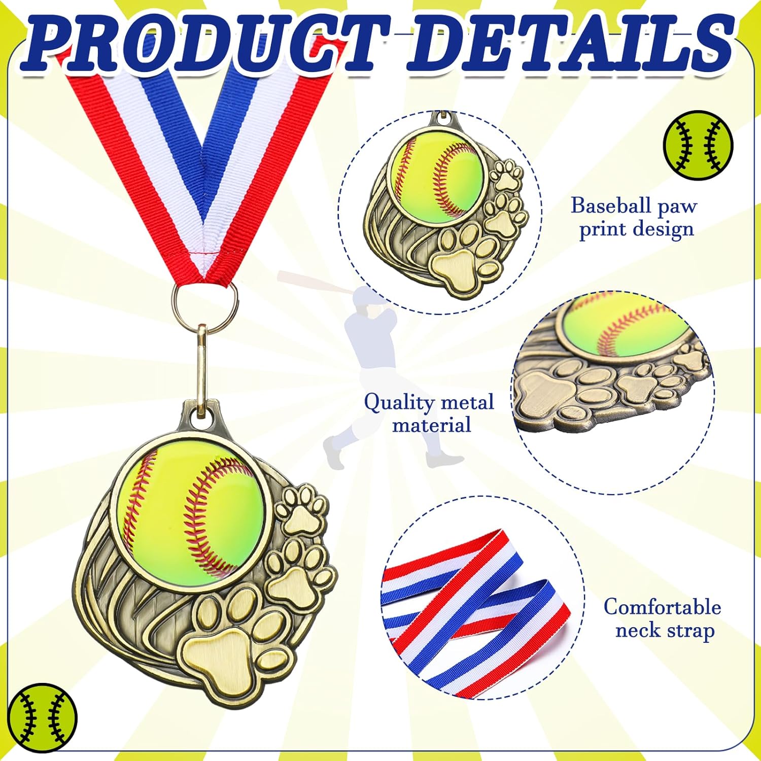 20 Pcs Paw Print Medals with Neck Ribbons 2'' Gold Medal for Awards Winner Encourage Team Participation for Kids Adults Trophy Award Prize Gift Team Competitions Party Favor Gifts