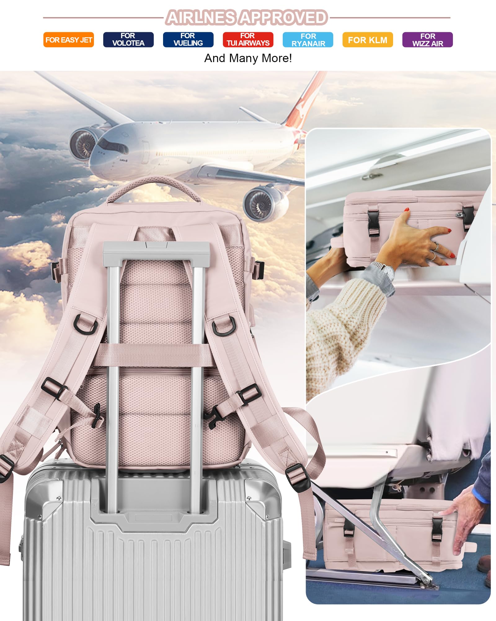 SZSYCN Borse da Cabina per Ryanair 40x20x25 Bagaglio a Mano Easyjet 45x36x20 Zaino Viaggio 40x30x20 Wizzair Zaino da Viaggio aereo Bagaglio a mano Zaino Donna Zaini Casual con scomparto per laptop