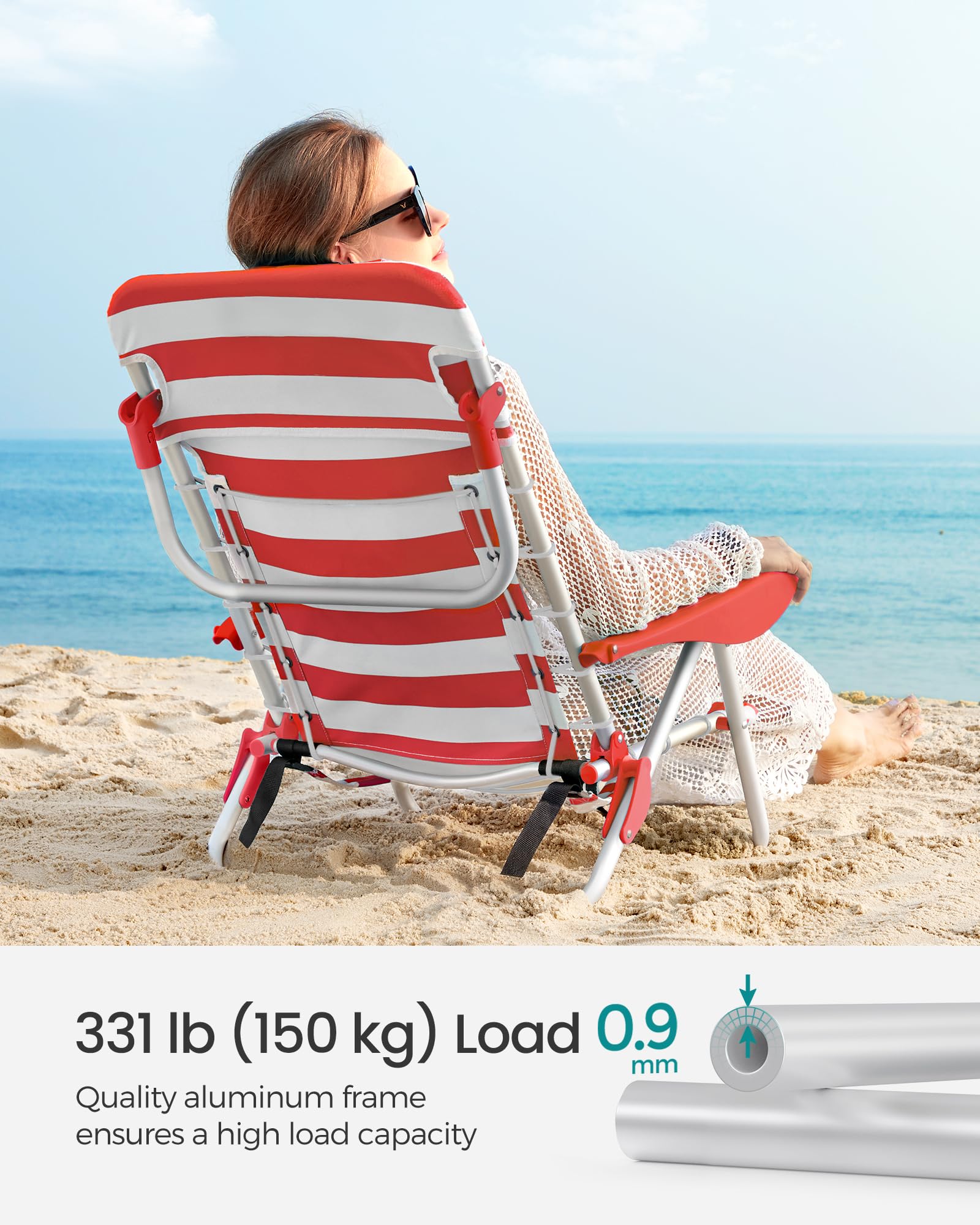 SONGMICS Silla de playa, silla de camping plegable, silla portátil para exteriores, capacidad de 332 libras, llevar como mochila, con respaldo ajustable, reposacabezas, reposabrazos, 2 bolsillos
