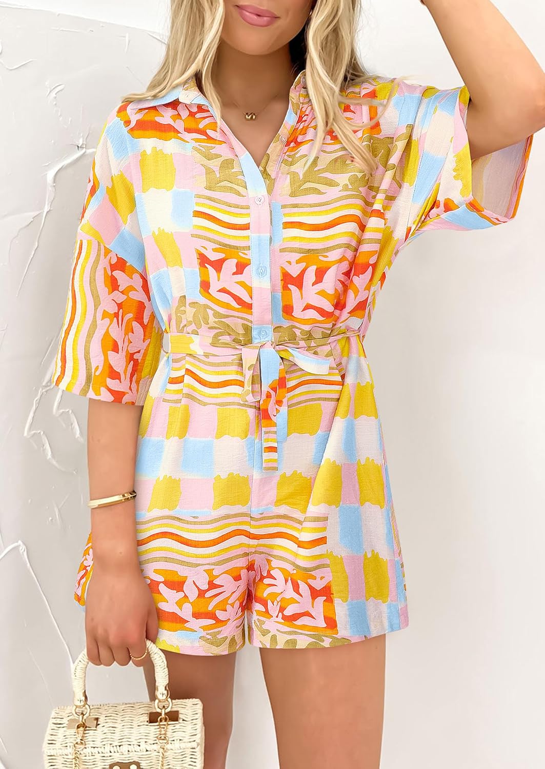 PRETTYGARDEN Womens Rompers for Summer 2025 Beach Vacation Clothes Short Sleeves Floral Jumpsuits Beach Cover Up - Image 4