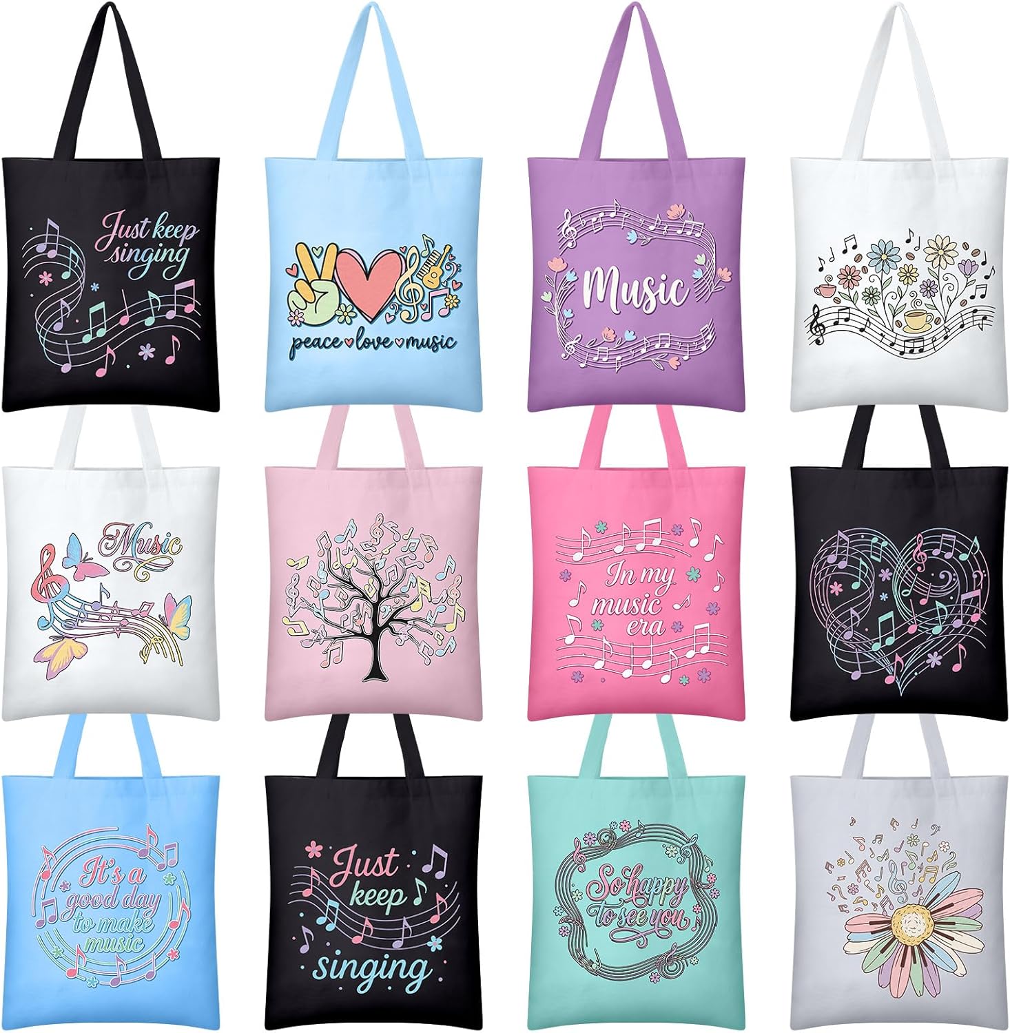 12 Pcs Music Gifts Tote Bag for Women Musical Theater Gifts Reusable Grocery Canvas Shopping Bag for Music Lover, Theater Actors, teacher, Choir, Makeup, Birthday Party Favors Supplies