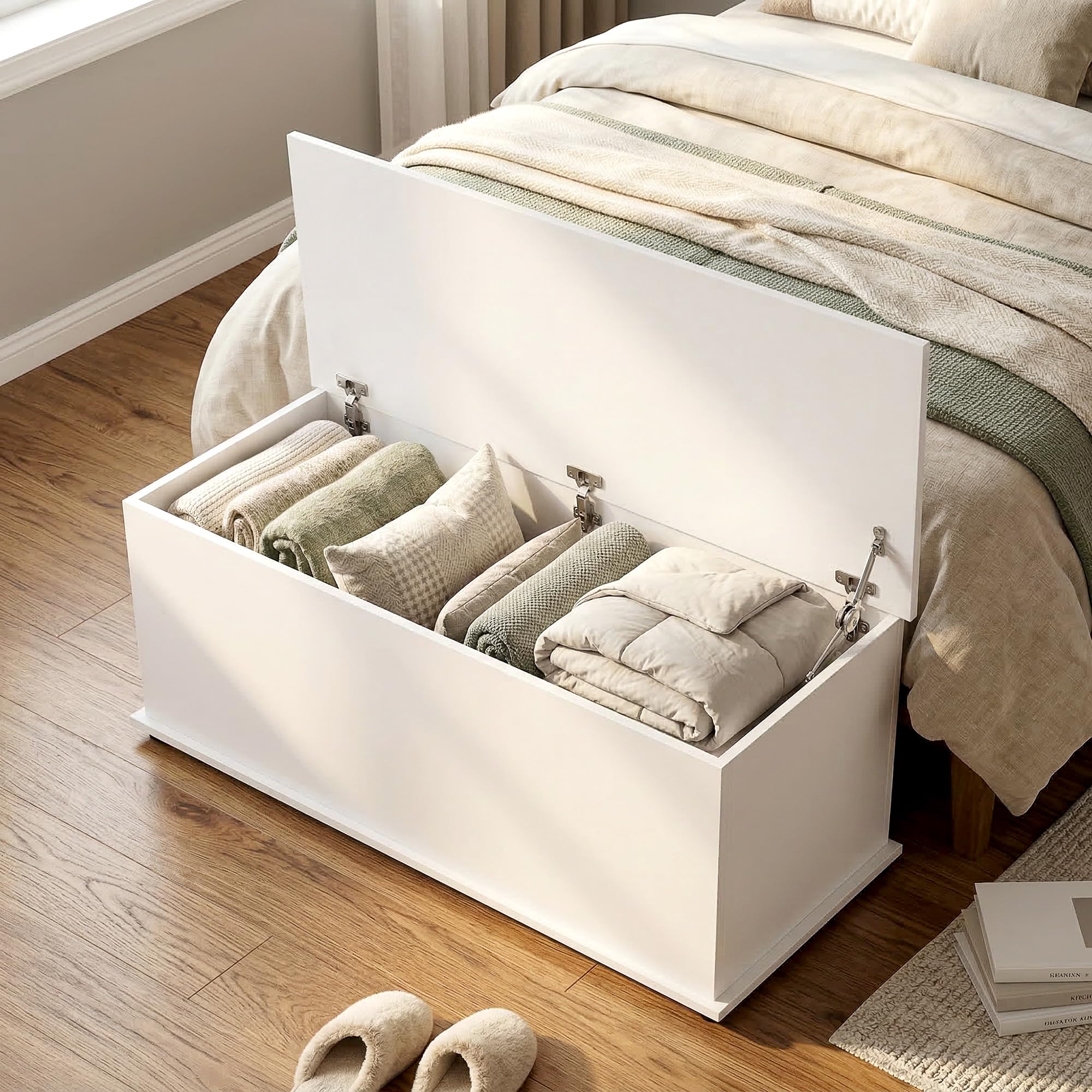 HOMCOM Coffre de Rangement Couvercle Rabattable 100x40x40 cm Blanc | Banc de Rangement, Charnières de Sécurité, Banc Chaussures, Meuble d'Entrée, Couloir, Chambre, Salon