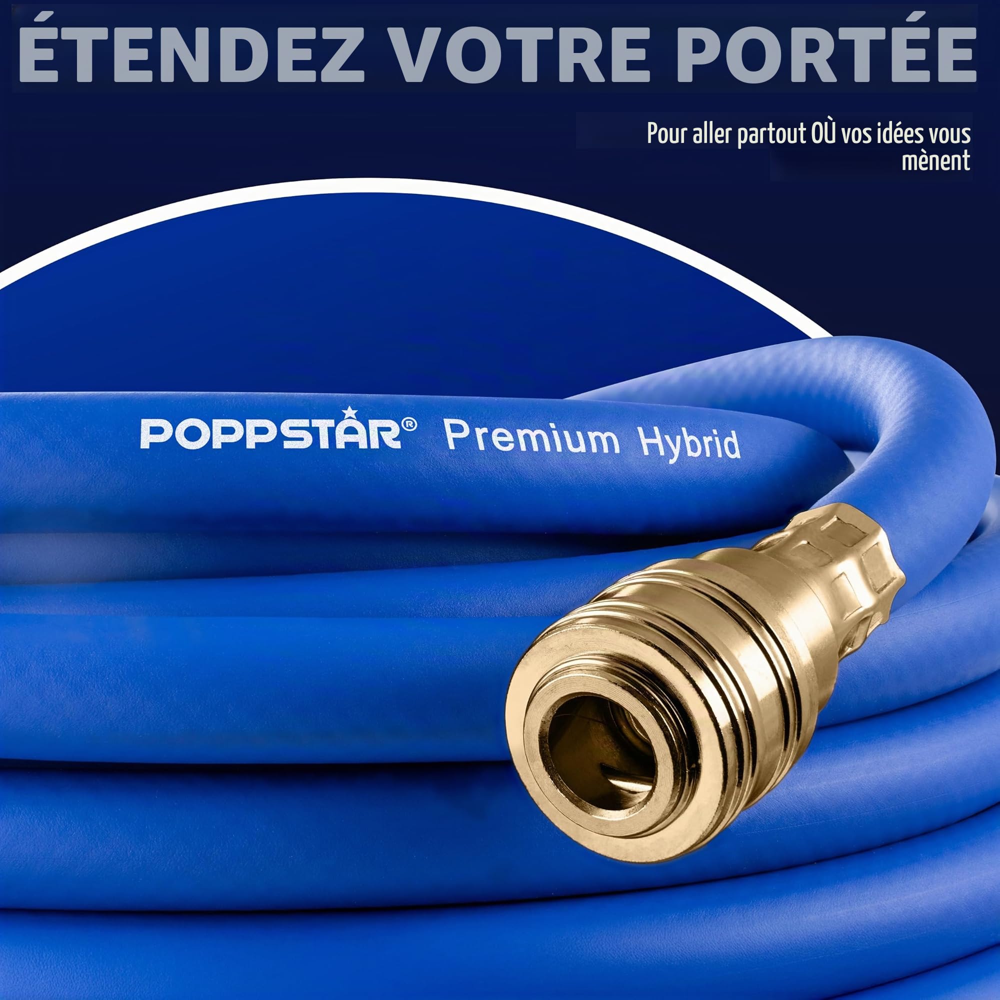 Poppstar Tuyau à Air Comprimé 30 m (PVC Hybride avec Tissu, Diamètre Intérieur 9,2mm avec Raccord Rapide en Laiton & Raccord de Tuyaux) jusqu'à 20 bar, Bleu