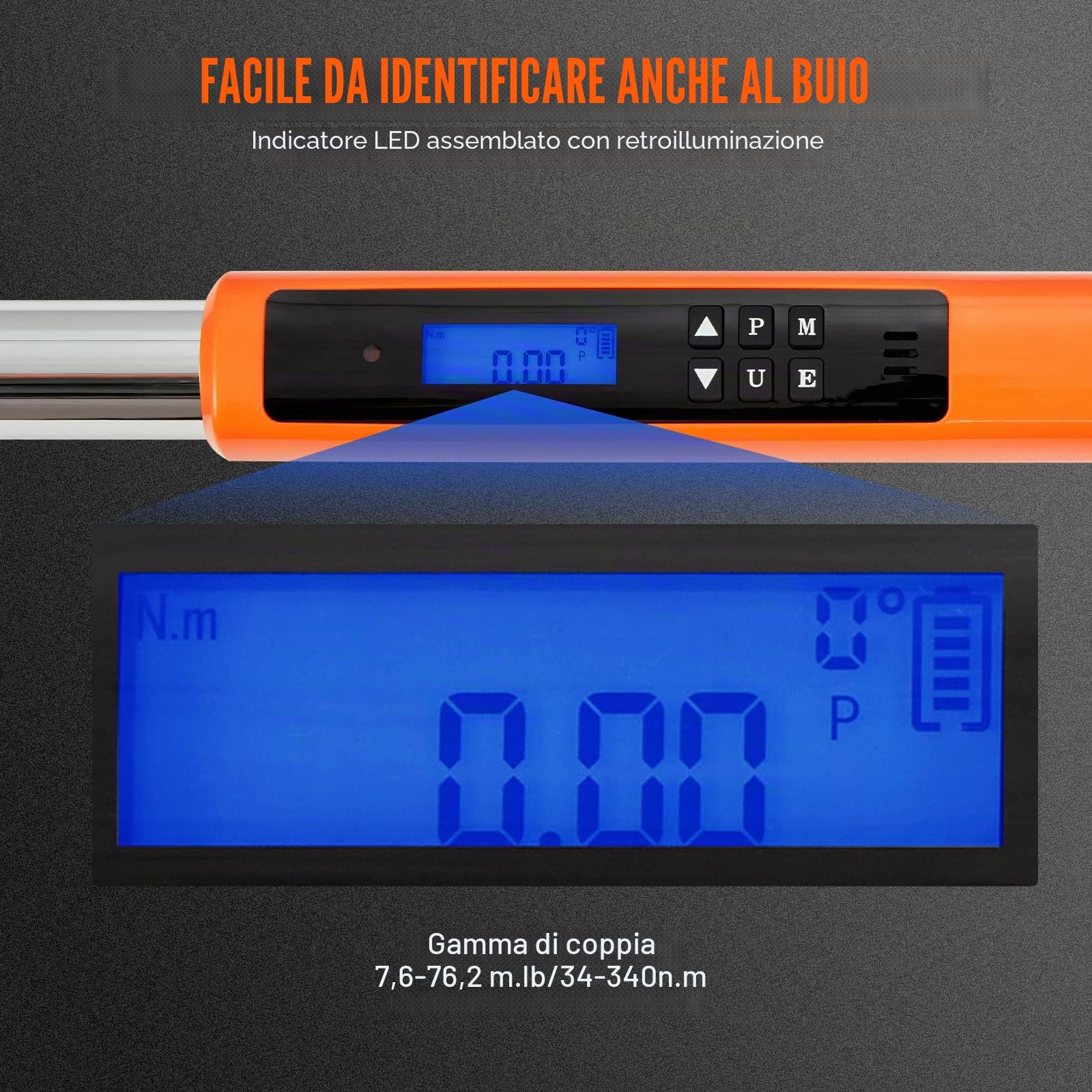 VEVOR Chiave Dinamometrica 1/2" Forza Torsione 34-340Nm Kit di Chiave Dinamometrica da Officina per Auto Moto Lettura Digitale Schermo LED Precisione ±2%, Kit di Chiave Torsiometrica 1/2" per Veicoli