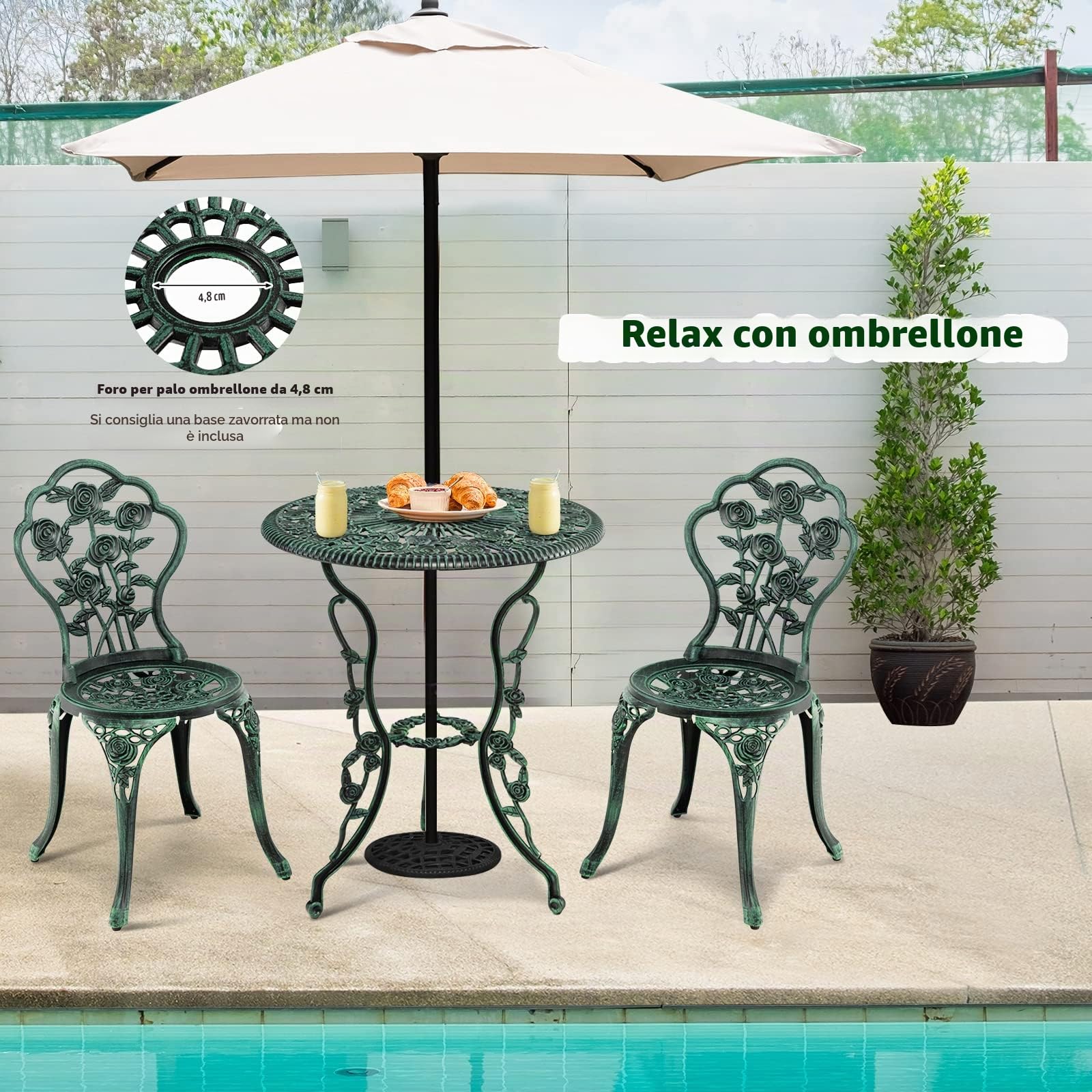 RELAX4LIFE Tavolo da Giardino con Sedie, Set da Giardino 3 Pezzi in Alluminio e Ghisa, Tavolo da Giardino con Foro per Ombrello, Tavolino Rotondo e 2 Sedie, per Balcone, Piscina, Cortile (Modello 2)