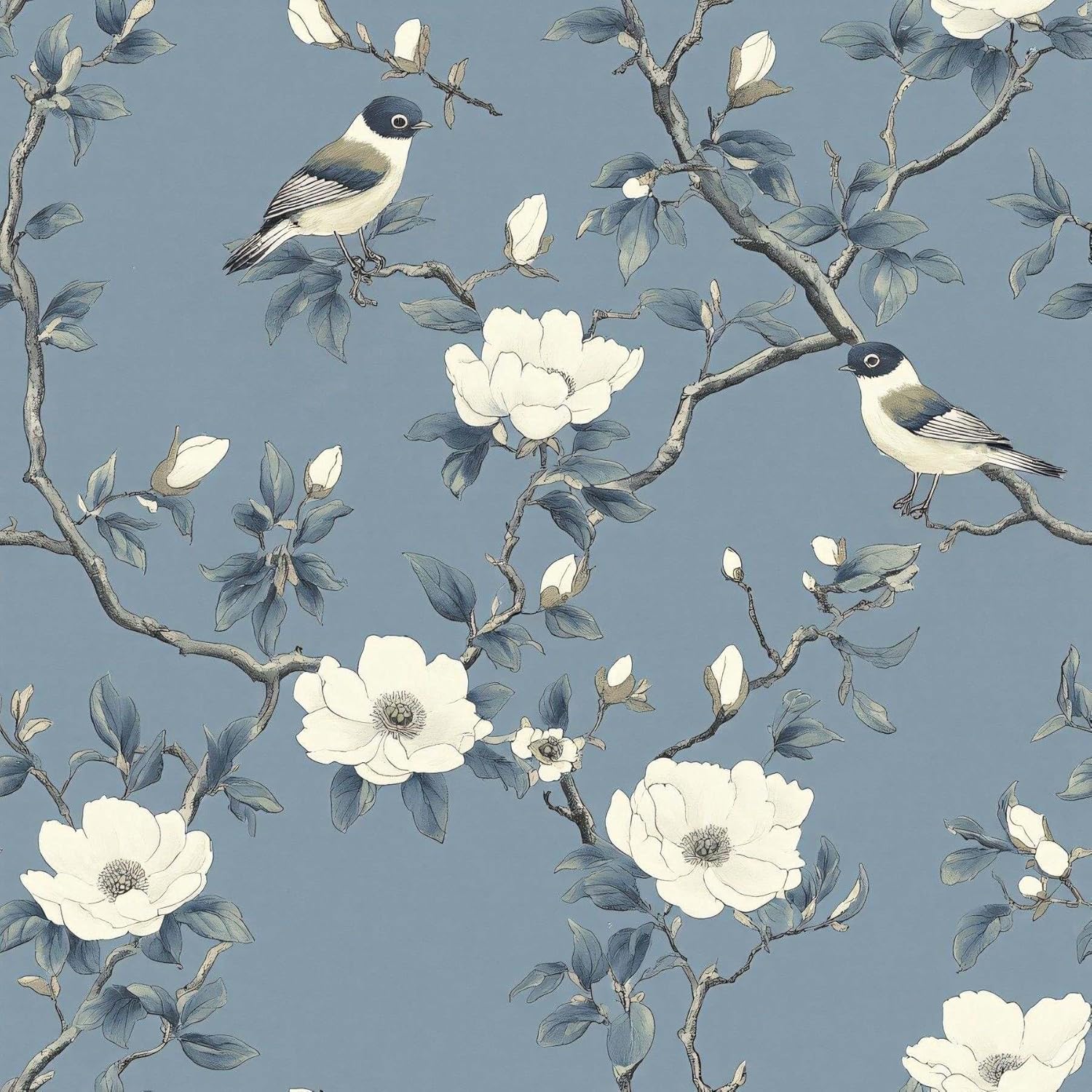 Blue Magnolia Bird Peel and Stick Wallpaper – Vintage Floral Branch Design for Home Decor | Self-Adhesive, Waterproof Vinyl, 17.7" x 236"