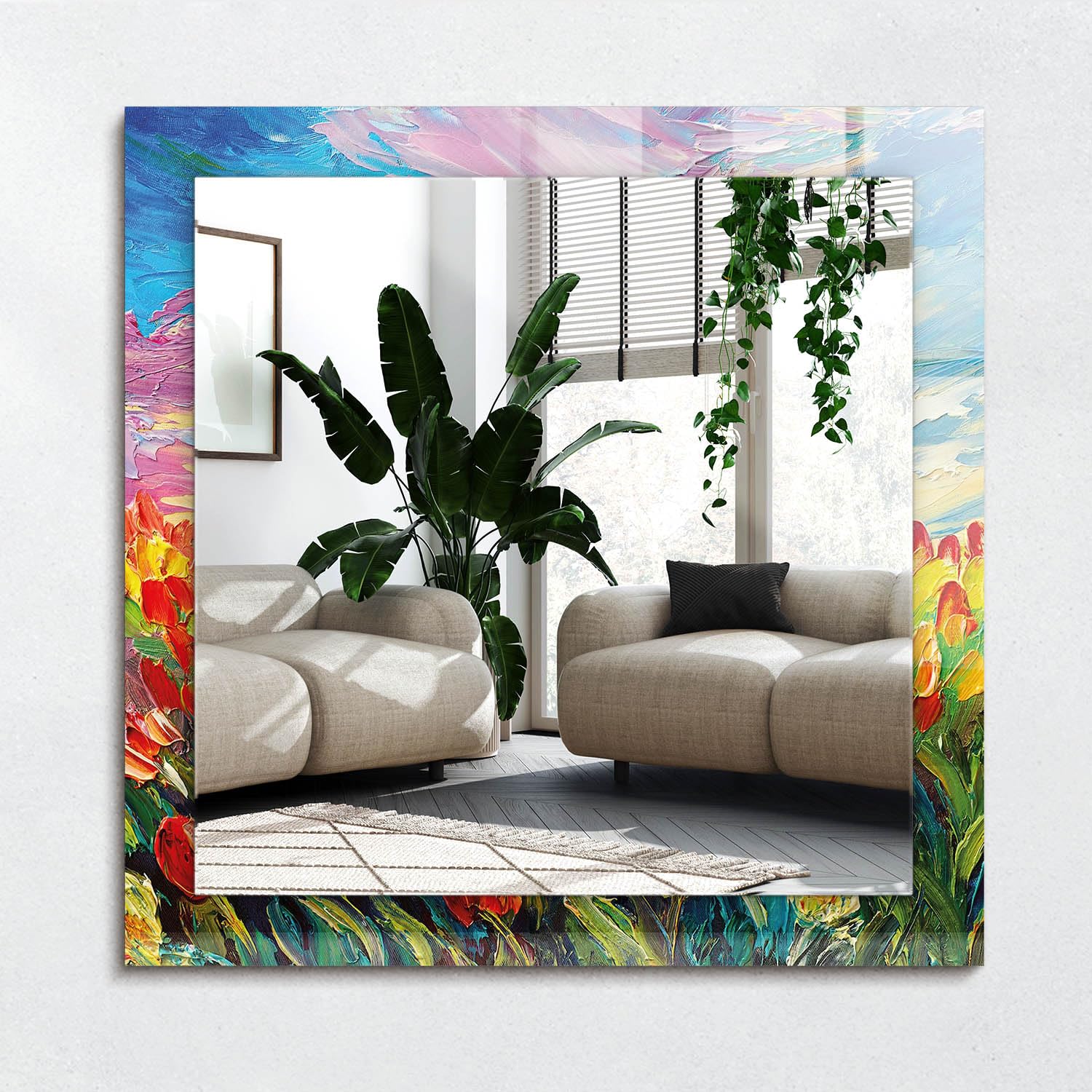 Miroir avec impression sans cadre 60x60 cm suspendu au design minimaliste champ de tulipes