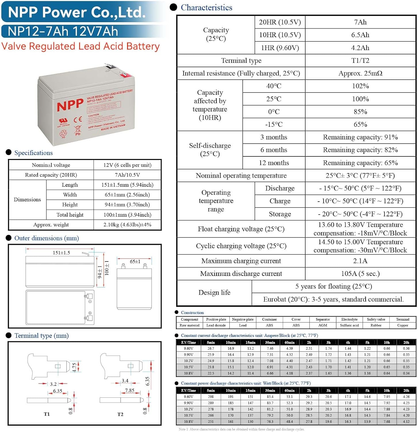 NPP 12V 7Ah Rechargeable AGM Battery, 6FM7 F1 Terminal 12Volt Small UPS Batteries Replacement for UB1270, Alarm Systems, Emergency Lights, Ride-on Toys, Verizon Fios Box (2 Pcs)