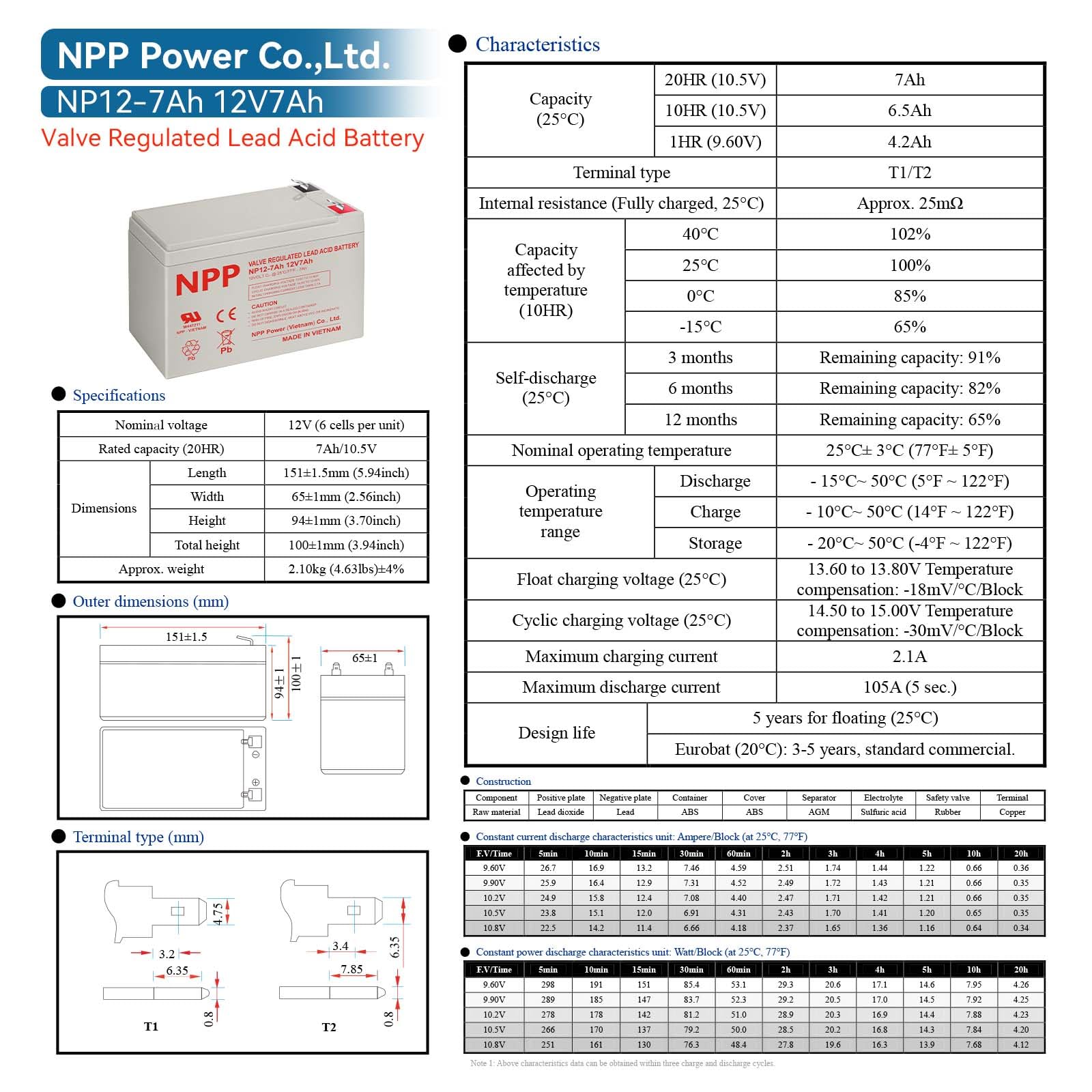 NP12-7Ah AGM Rechargeable Maintenance Valve Regulated Sealed Lead Acid Battery with F2 Terminal Compatible with UPS — view 8