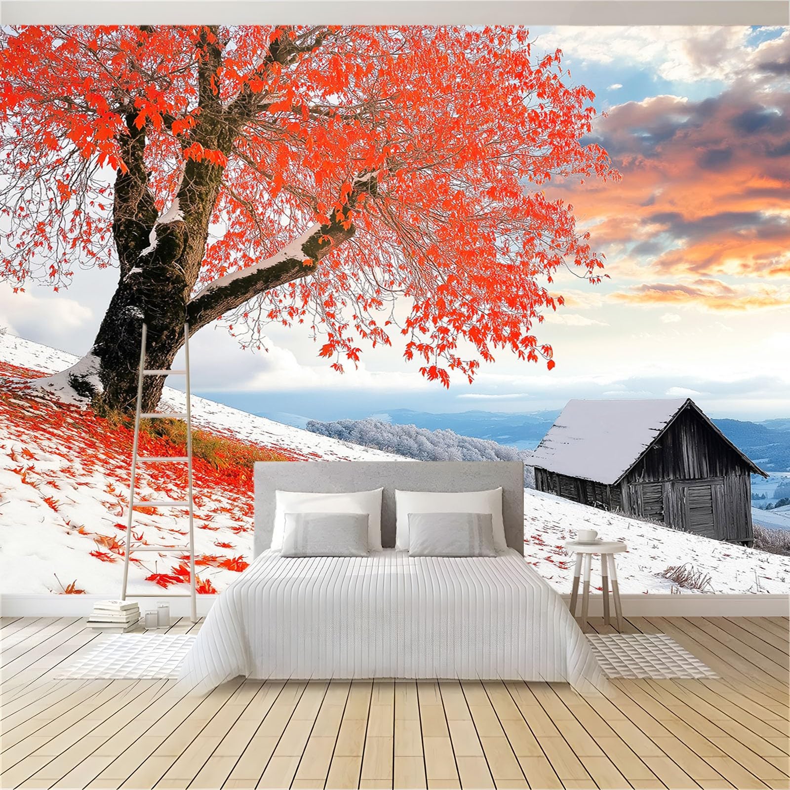 Retrò Carta da Parati Moderna Murale Il rosso lascia il grande albero Carta da Parati Murale 400x280 cm Foto Murale Soggiorno Camera Da Letto Ristorante Rivestimento d'arte Murale Decor