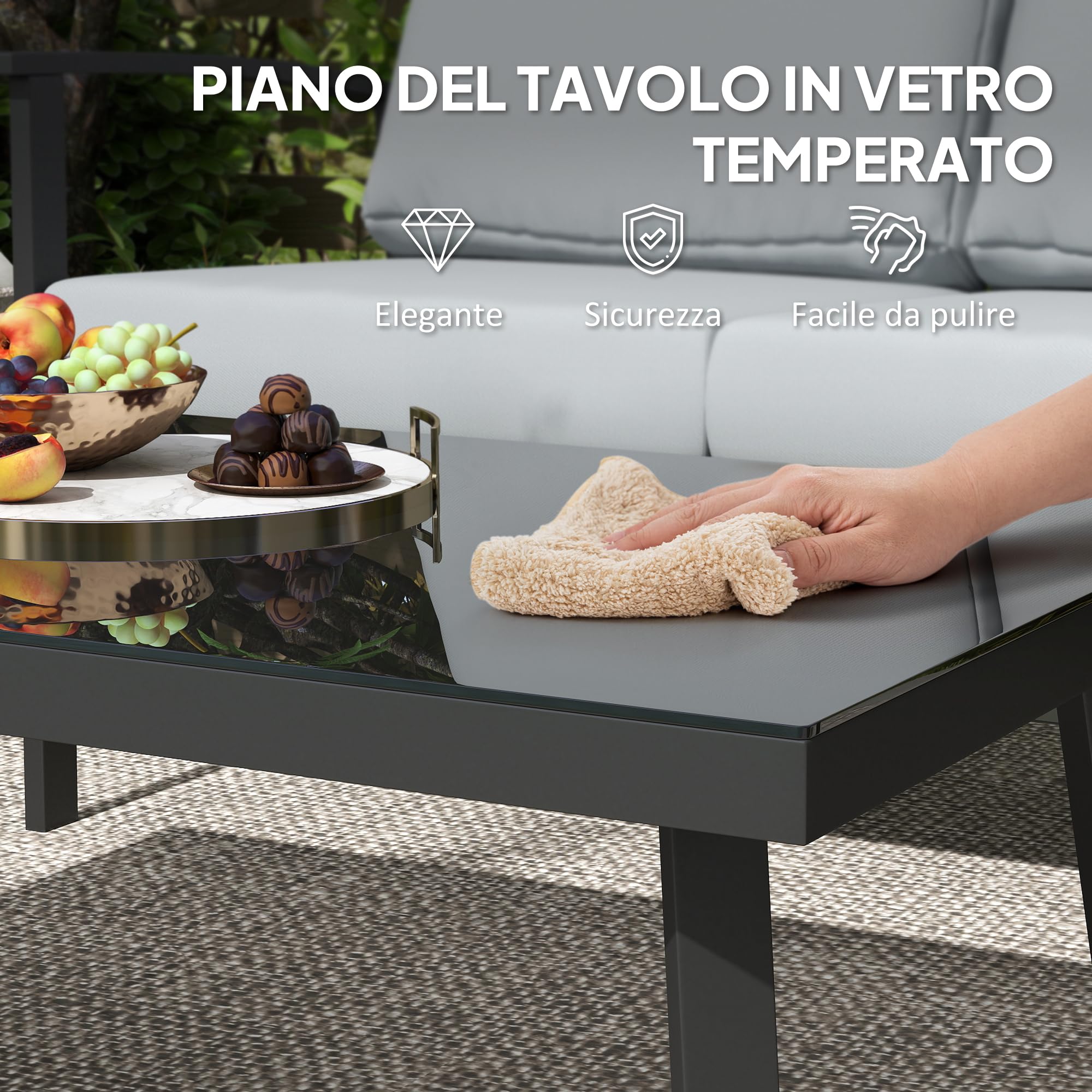 Outsunny Set Salotto da Giardino da 4 Pezzi in Alluminio, Set di Mobili con Divanetto da Esterno a 2 Posti, 2 Poltrone e Tavolo da Caffè con Piano in Vetro e Cuscini Sfoderabili, Grigio Carbone