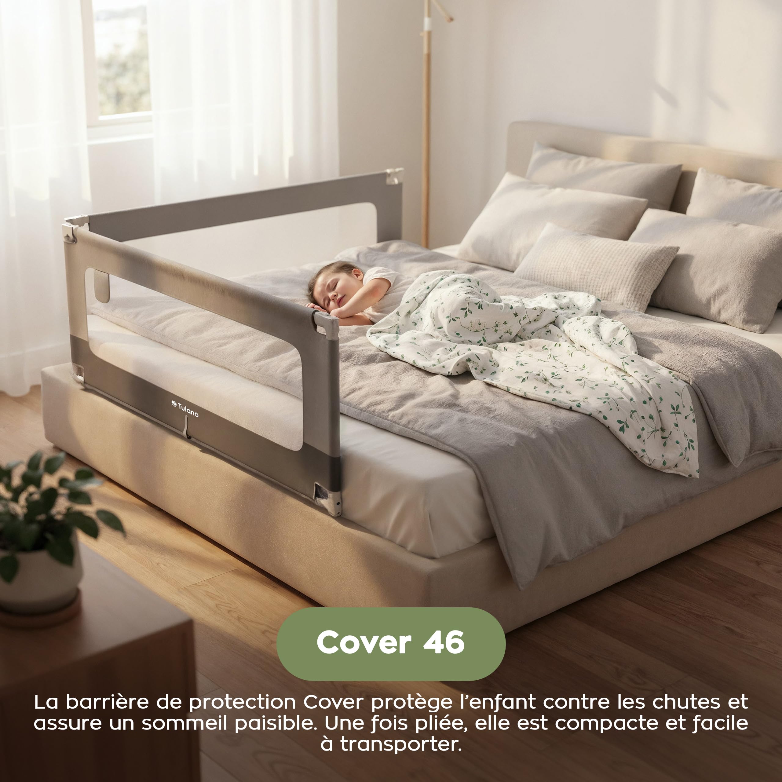 TULANO Cover 46 Barrière de lit Enfant 160 cm – Barrière de sécurité lit Rabattable – Réglable en Hauteur 18 Niveaux – Protection Contre Les Chutes Nocturnes – avec Poche latérale - Gris