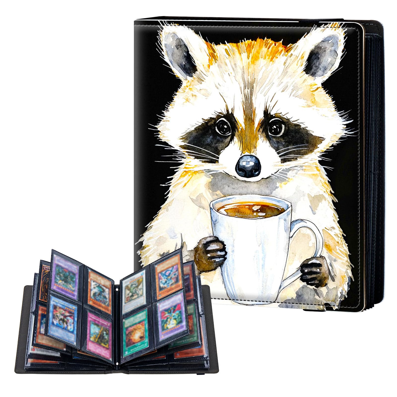 ETLKJVBL 4 Pocket Trading Card Binder, Card Collection Binder for TCG, MTG, Sports Cards, Baseball, Raccoon Holding Coffee Mug Trading Card Book Holder for Collectors, Top Loader Binder