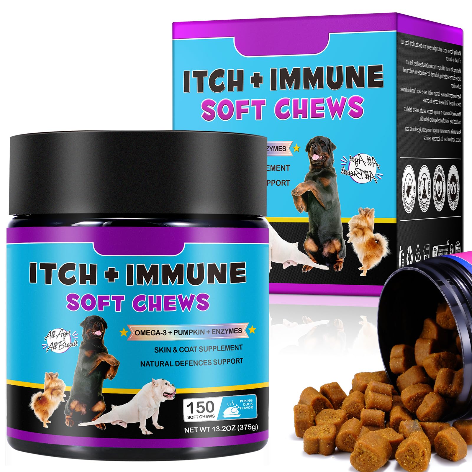 Dog Itchy & Immune Chews, 150 Chews Skin & Coat Supplement for Dogs with Omega-3, Pumpkin & Enzymes - Supports Normal Itchy and Immune Function Soft Chews for Itchy Skin - Peking Duck Flavor