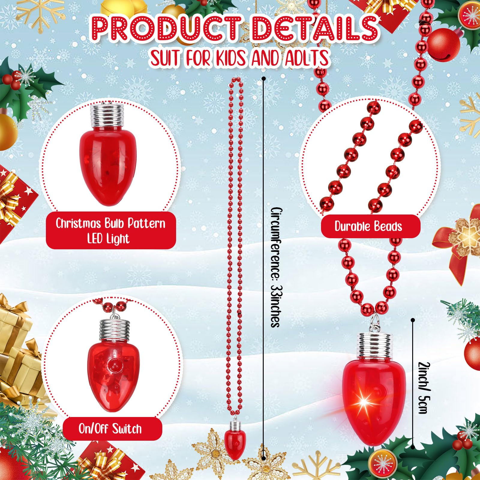 Sureio Confezione da 24 collane con luci a LED per feste di Natale, bomboniere, collane luminose natalizie, accessori a LED per calza della Befana, regali e decorazioni, rosso verde (lampadina)