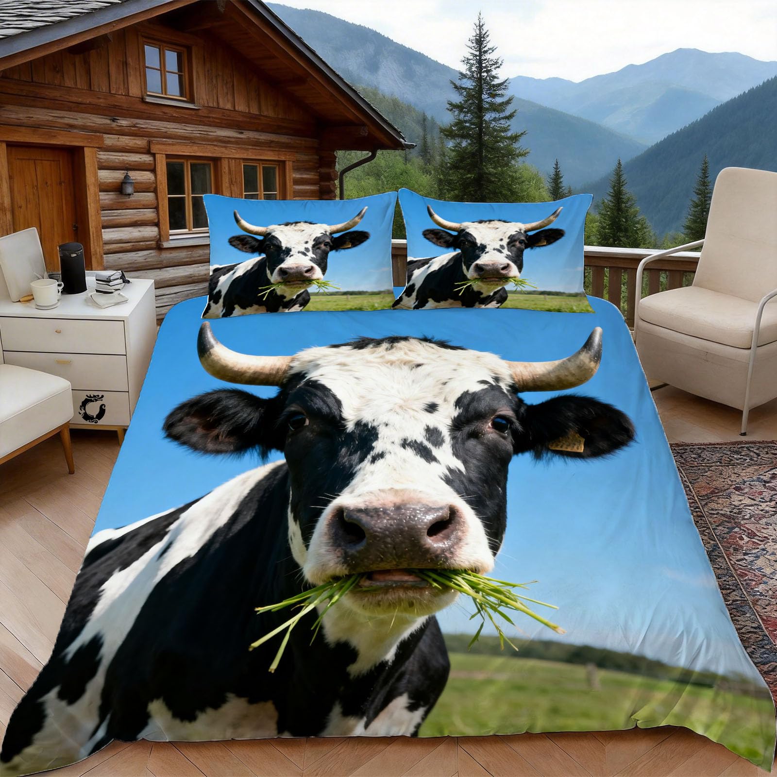 Housse de couette 240 x 260 vache de ferme parure de lit 2 personnes microfibre nature
