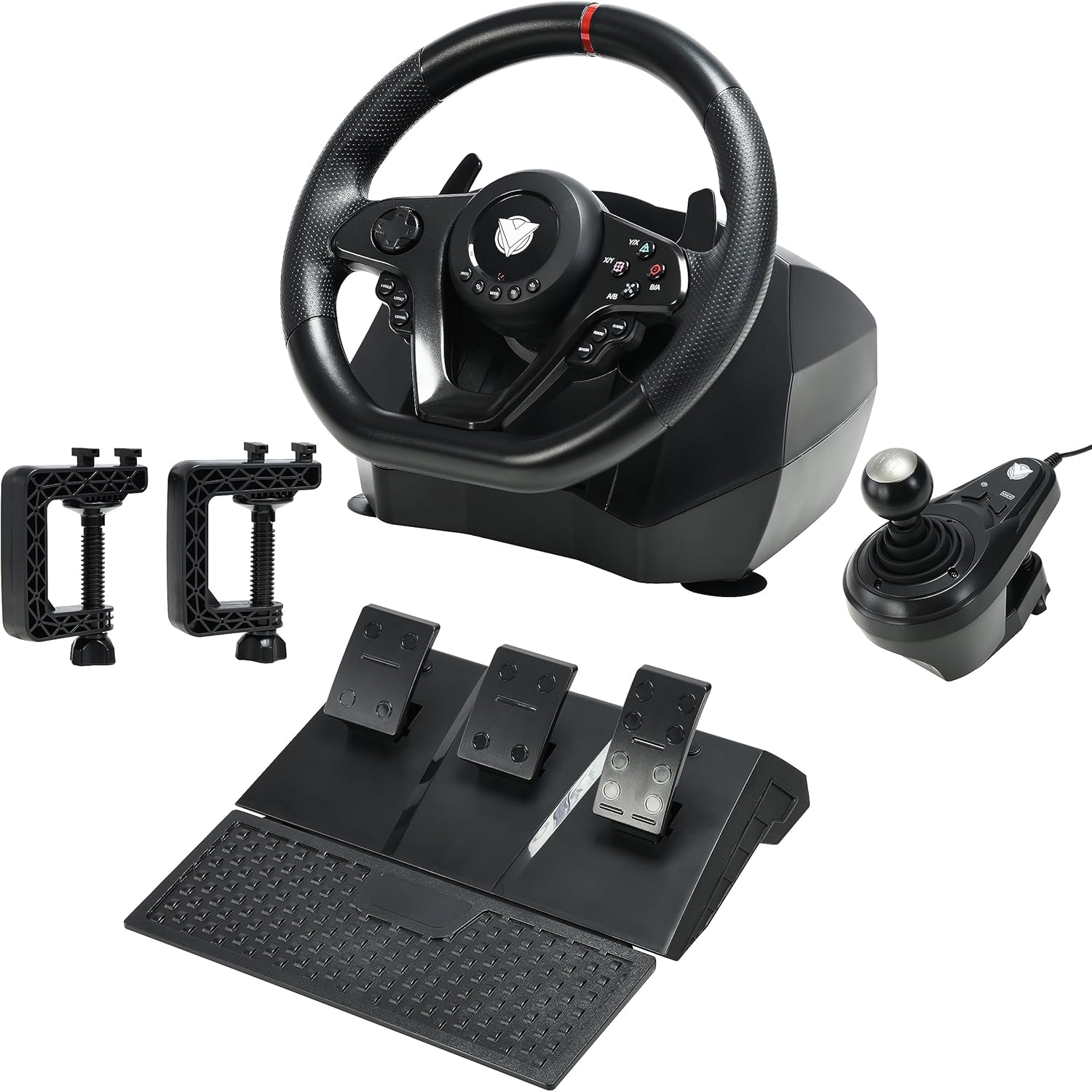 The complete ASA A900 Gaming Steering Wheel setup, showing the wheel, triple pedal set, and gear shifter connected.
