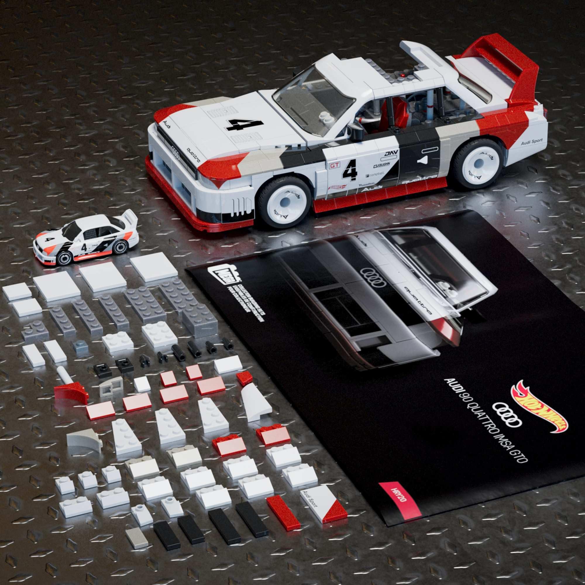 MEGA Hot Wheels Audi 90 Quattro IMSA GTO Jouet de construction automobile avec 973 pièces et modèle miniature en métal, coffret à construire et à exposer pour les collectionneurs, rouge, HRY20