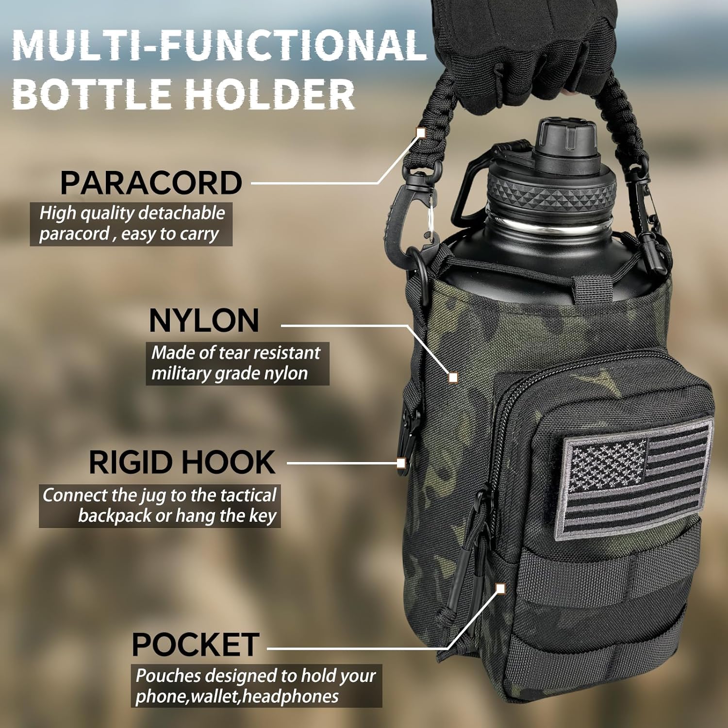 Half Gallon Water Bottle Insulated with Sleeve - Tactical 64 oz Stainless Steel Water Jug with MOLLE Water Bottle Pouch, Gym Water Bottles for Men Hiking Workout (Black Camo) - Image 4