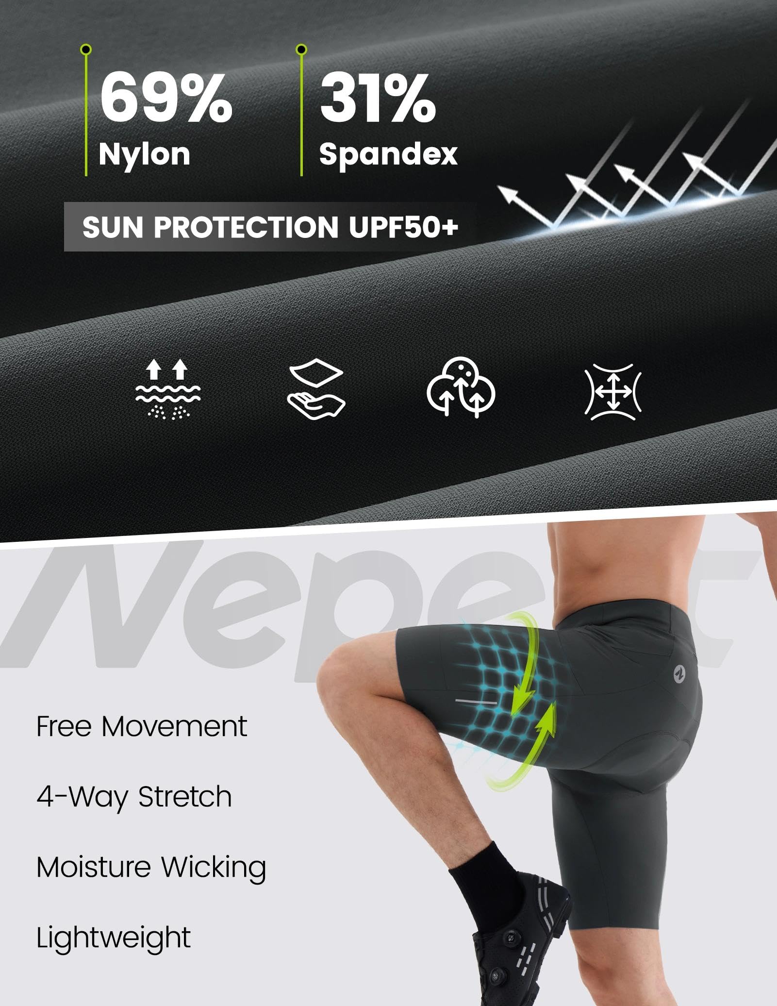 Nepest Pantaloncini da ciclismo da uomo, imbottiti, elasticizzati a 4 vie, UPF 50+ | Pantaloni da ciclismo da uomo con imbottitura, vita antiscivolo, tasche, riflettenti, traspiranti, pantaloncini da ciclismo