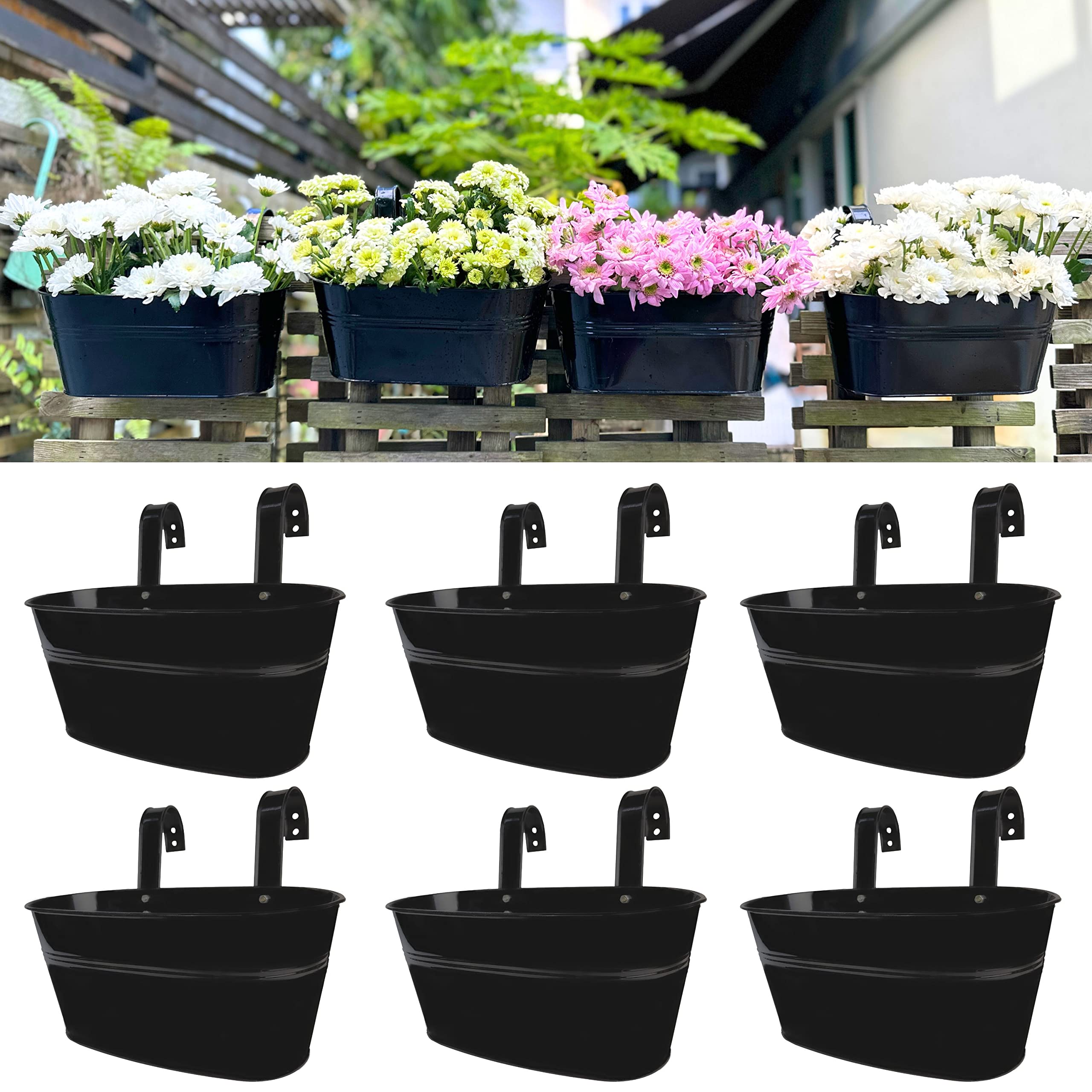 LáLáGreenOutdoor Rail Planter (6 Pack, 11.8 Inch) Black Metal Iron Hanging Flower Pots Deck Railings Fence Buckets Outside Countryside Boho Style Wall Mount Window Box Plant Holder Hook Porch Decor