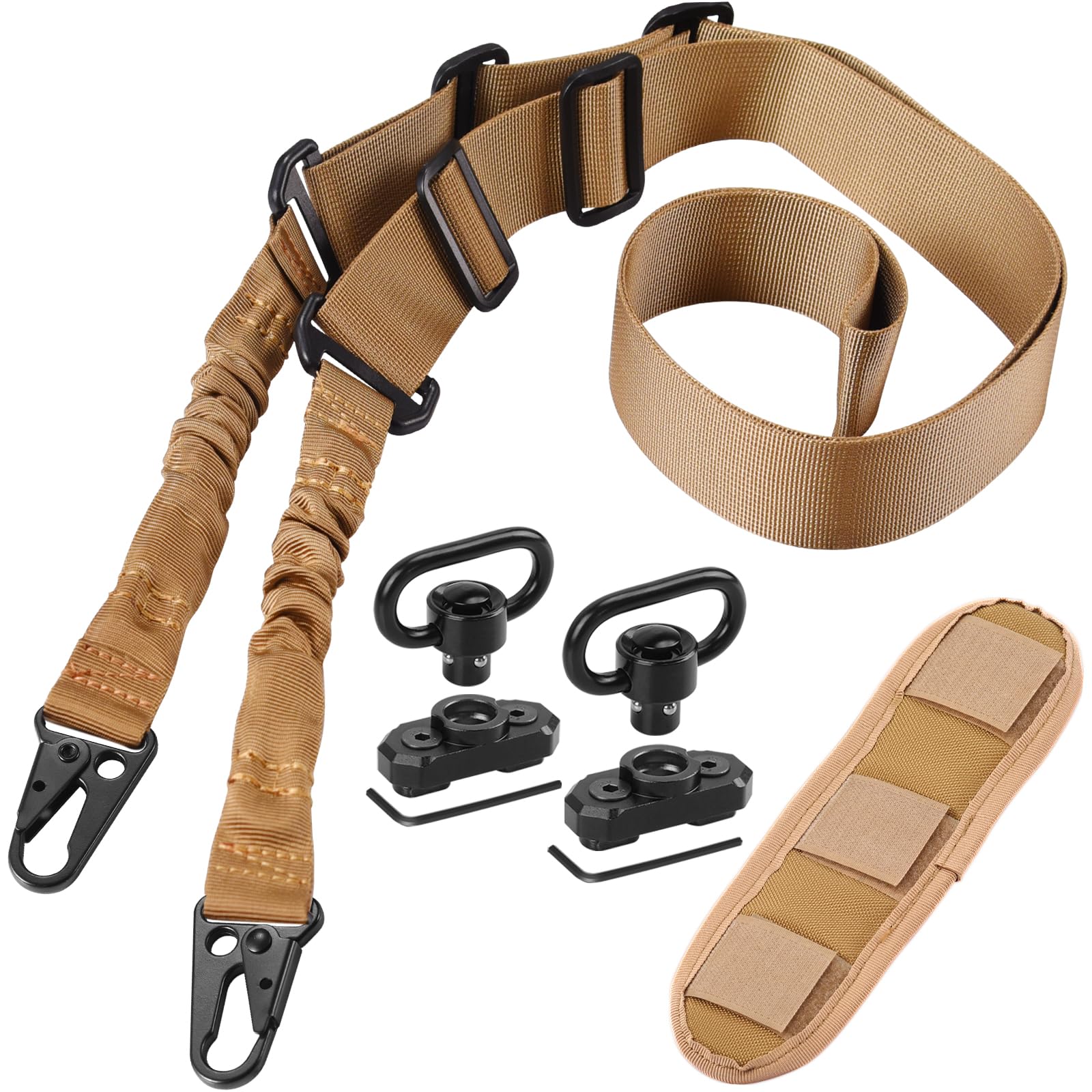 REERON Two Point and Traditional Sling, Extra Long Adjustable 2 Point Slings with Shoulder Pad and 360° Rotation, Traditional M-Rail Mounts (Khaki)-image-47