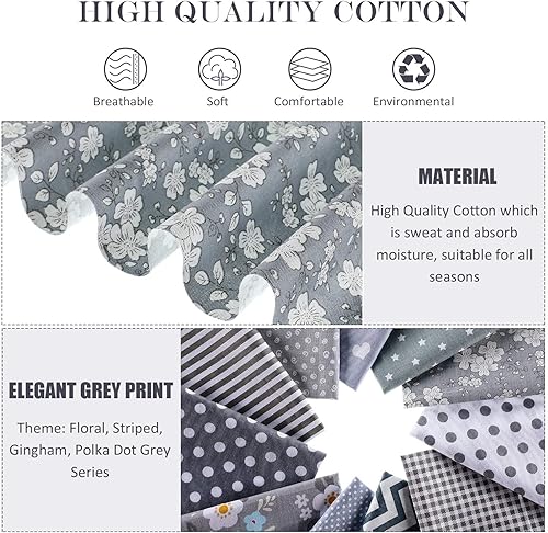 Miniatura 2 de Paquete de 12 piezas de tela de acolchado gris grueso floral para manualidades, hojas cuadradas de costura precortadas, 20 x 16 pulgadas/19.7 x 15.7