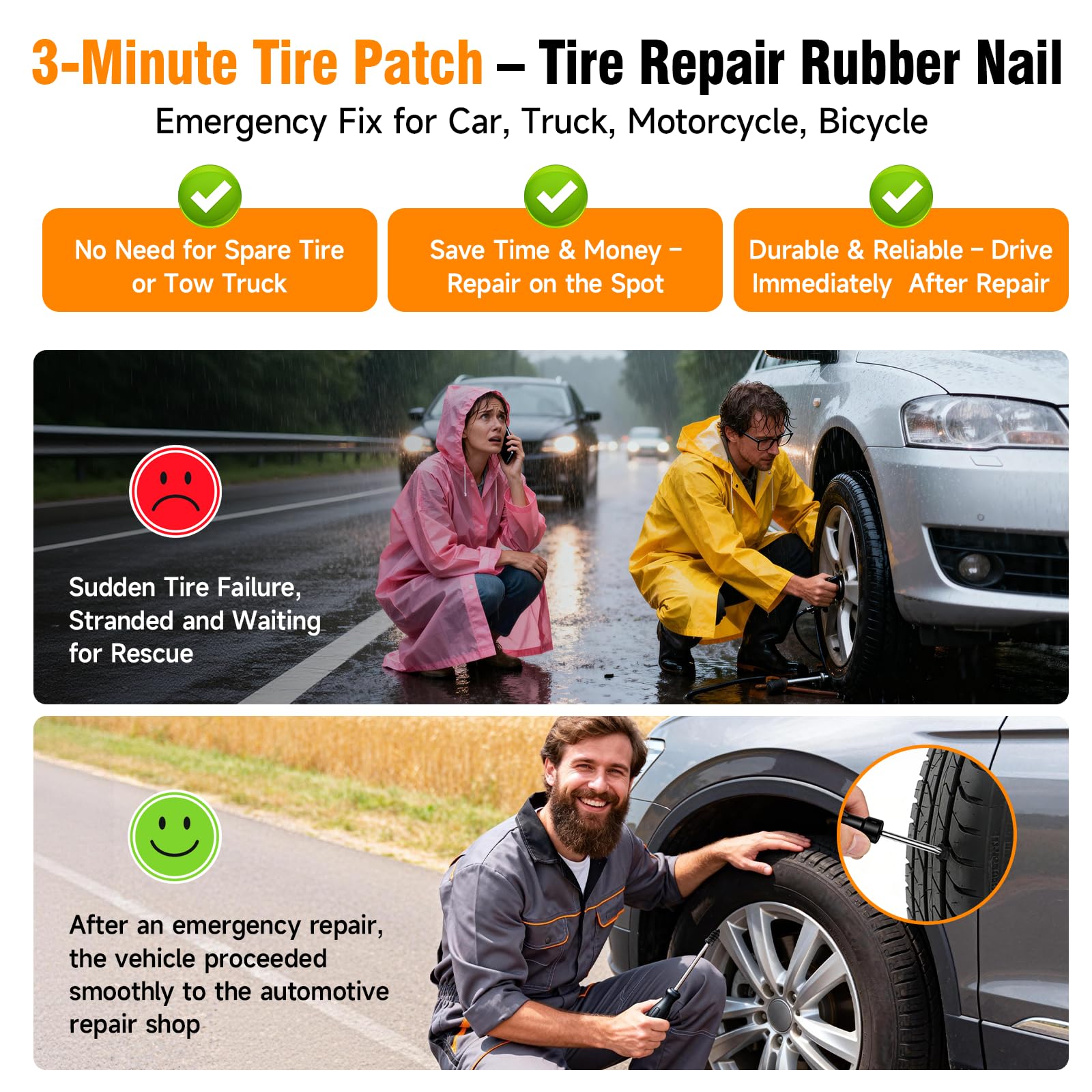 60Pcs Tire Repair Rubber Screw Kit, Dual Size (Small & Large) Rubber Nail Plugs for Car, Motorcycle, Truck, Tractor – Fast Self-Service Tool for Vacuum Tire Puncture Repair, Includes Screwdriver - 4