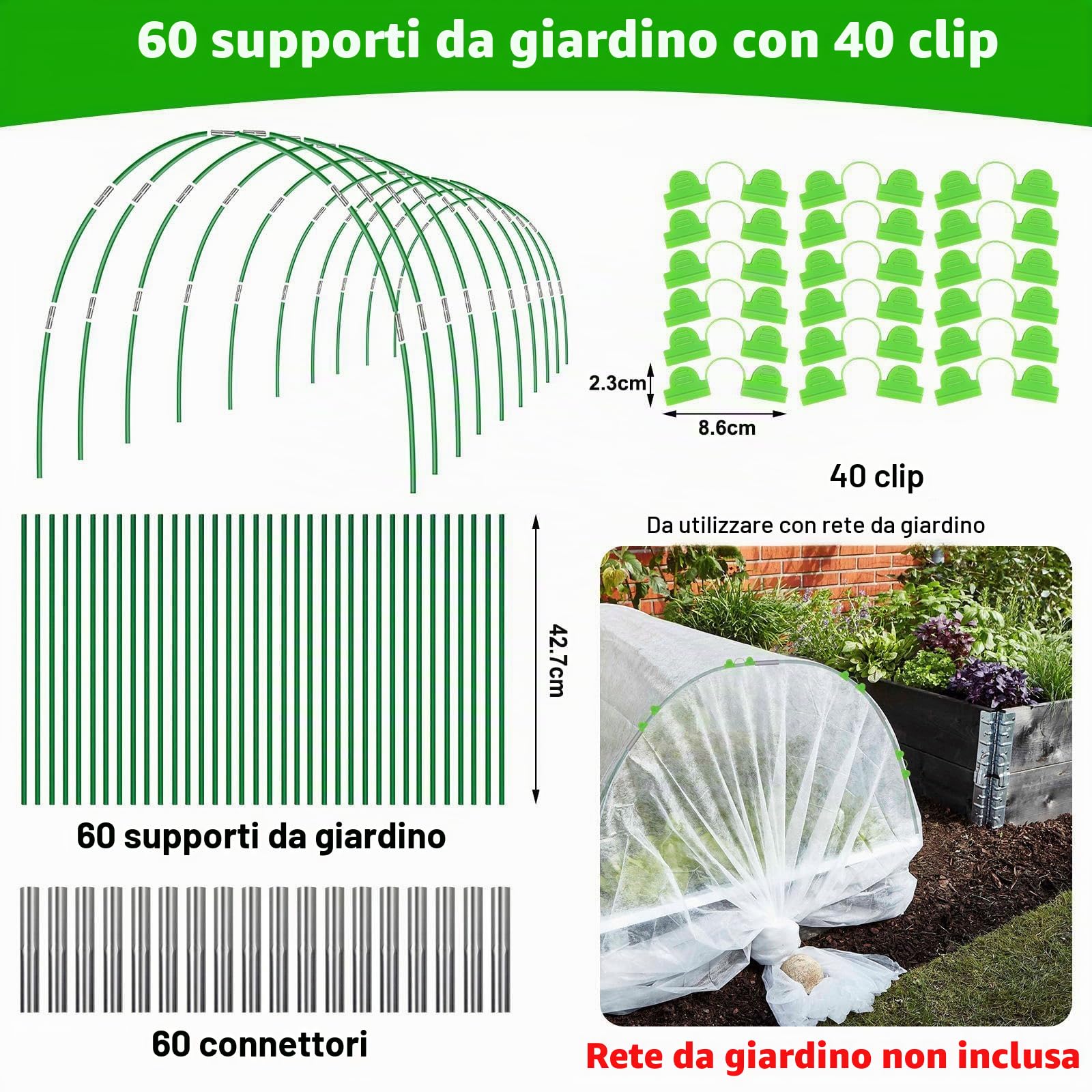 60 cerchi per serra per letti rialzati, 40 clip, pali da giardino da 2,4 m, tunnel per copertura di file, regolabili in fibra di vetro antiruggine, telaio fai da te per esterni