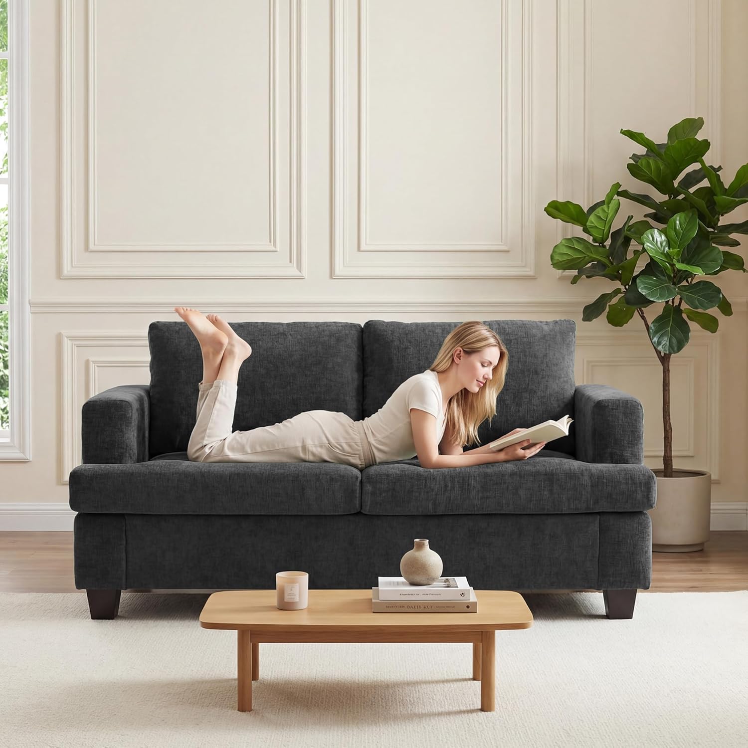 Apicizon 63" Cloud Sofa Loveseat Sofas, Comfy Loveseat Couch for Bedroom Living Room, Couch Sofa with Removable Cushions, Dark Grey Chenille