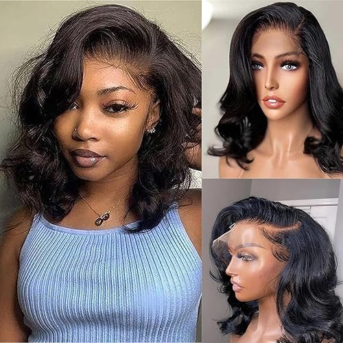 Peluca de cabello humano corto estilo Bob de 13 x 4 con encaje frontal, color natural, 14 pulgadas